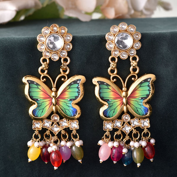 VOJ Gold Toned Multi colour Butterfly Shaped Long Earrings - Distacart