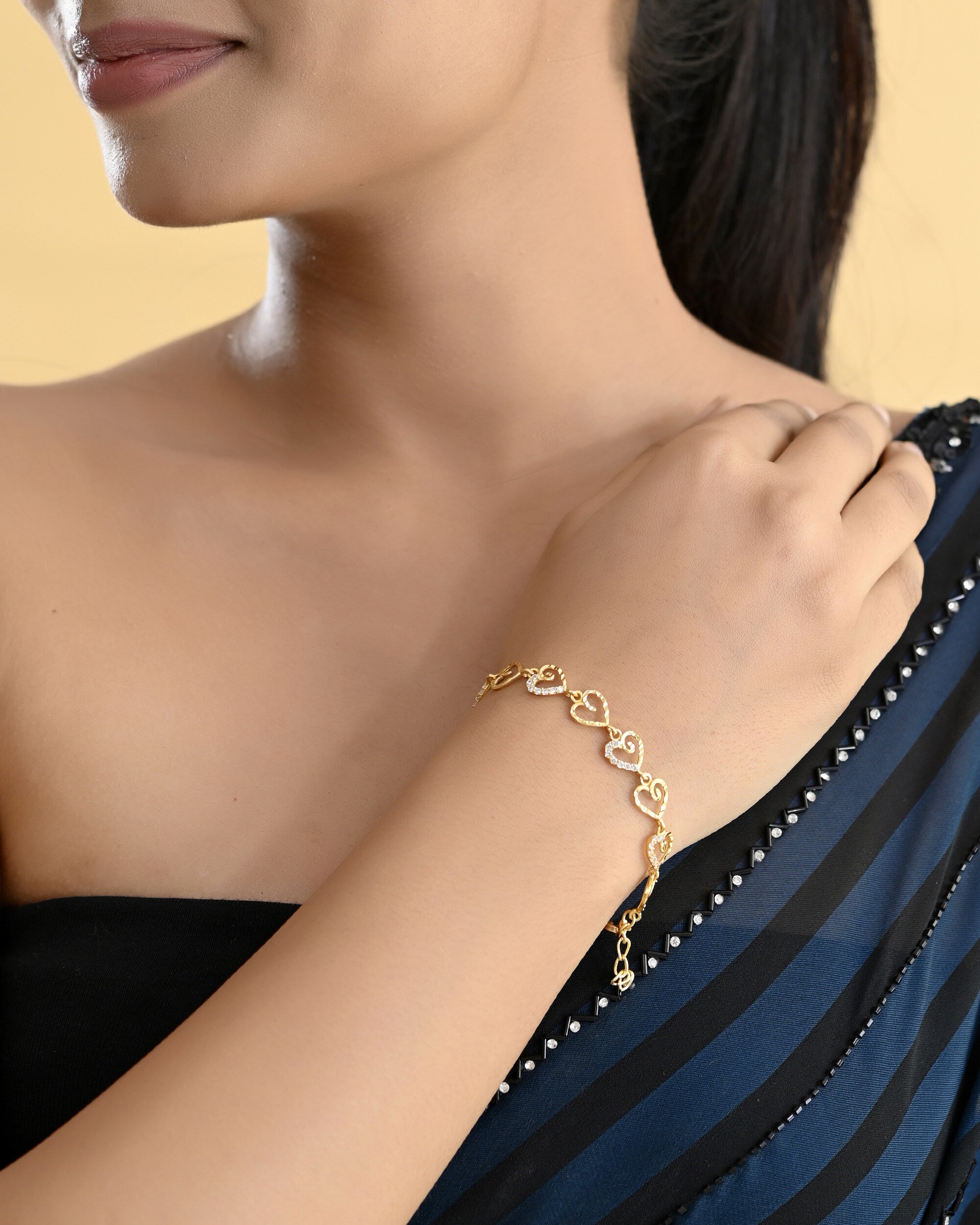 VOJ Gold-Polished Heart Shapped AD Stone Studded Women's Bracelet - Distacart