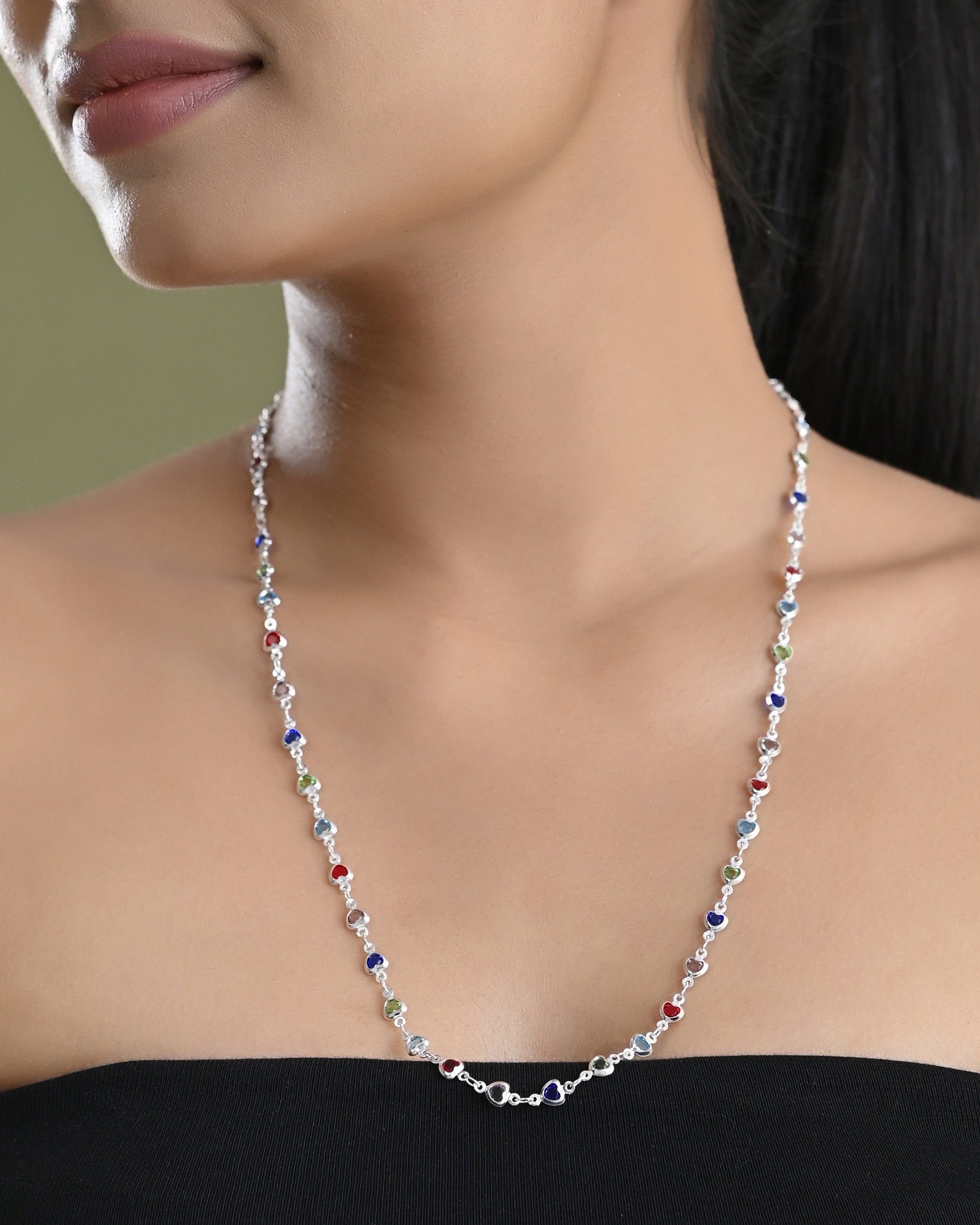 VOJ Silver Plated Multi Colour Stone Heart Shape Chain - Distacart
