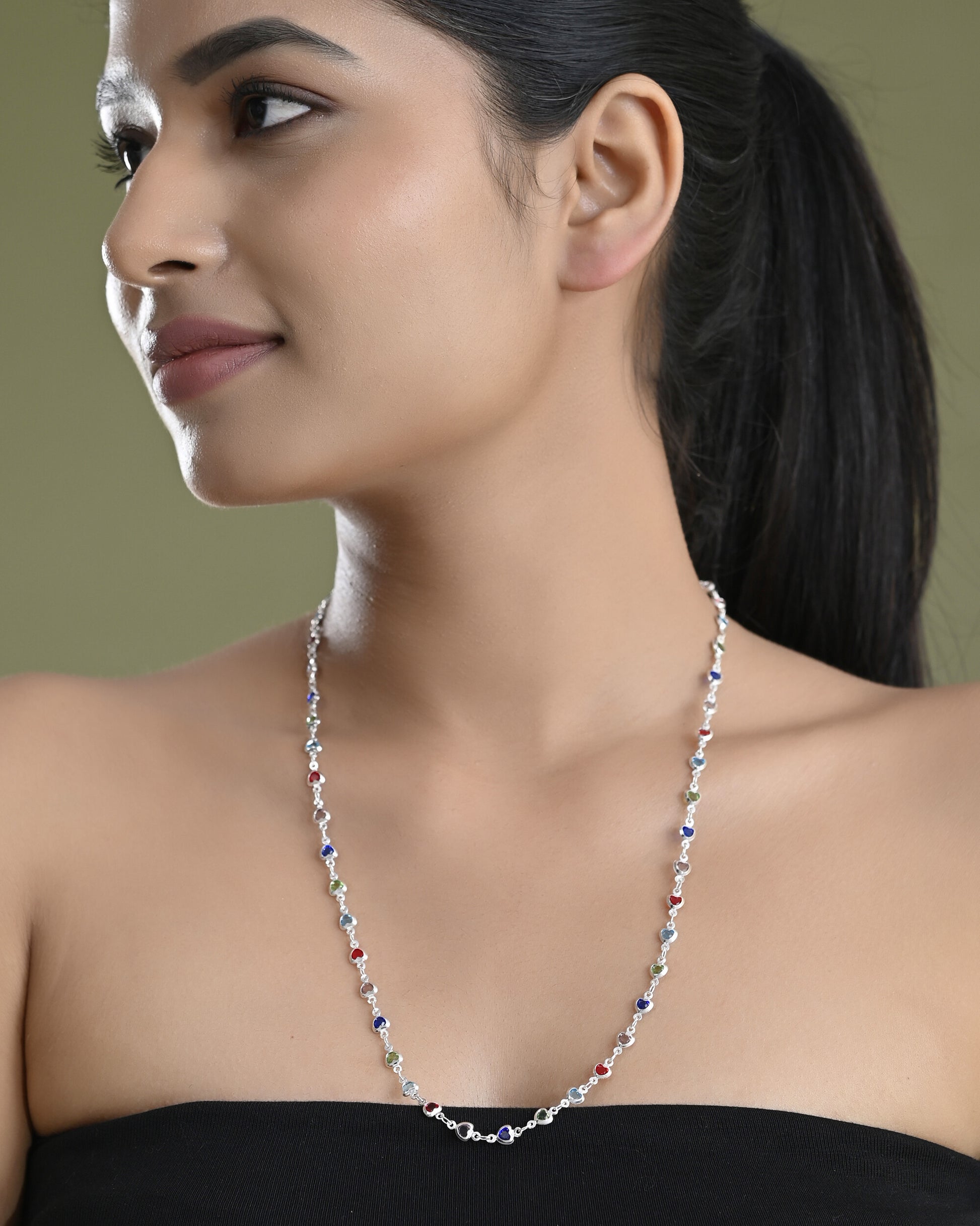 VOJ Silver Plated Multi Colour Stone Heart Shape Chain - Distacart
