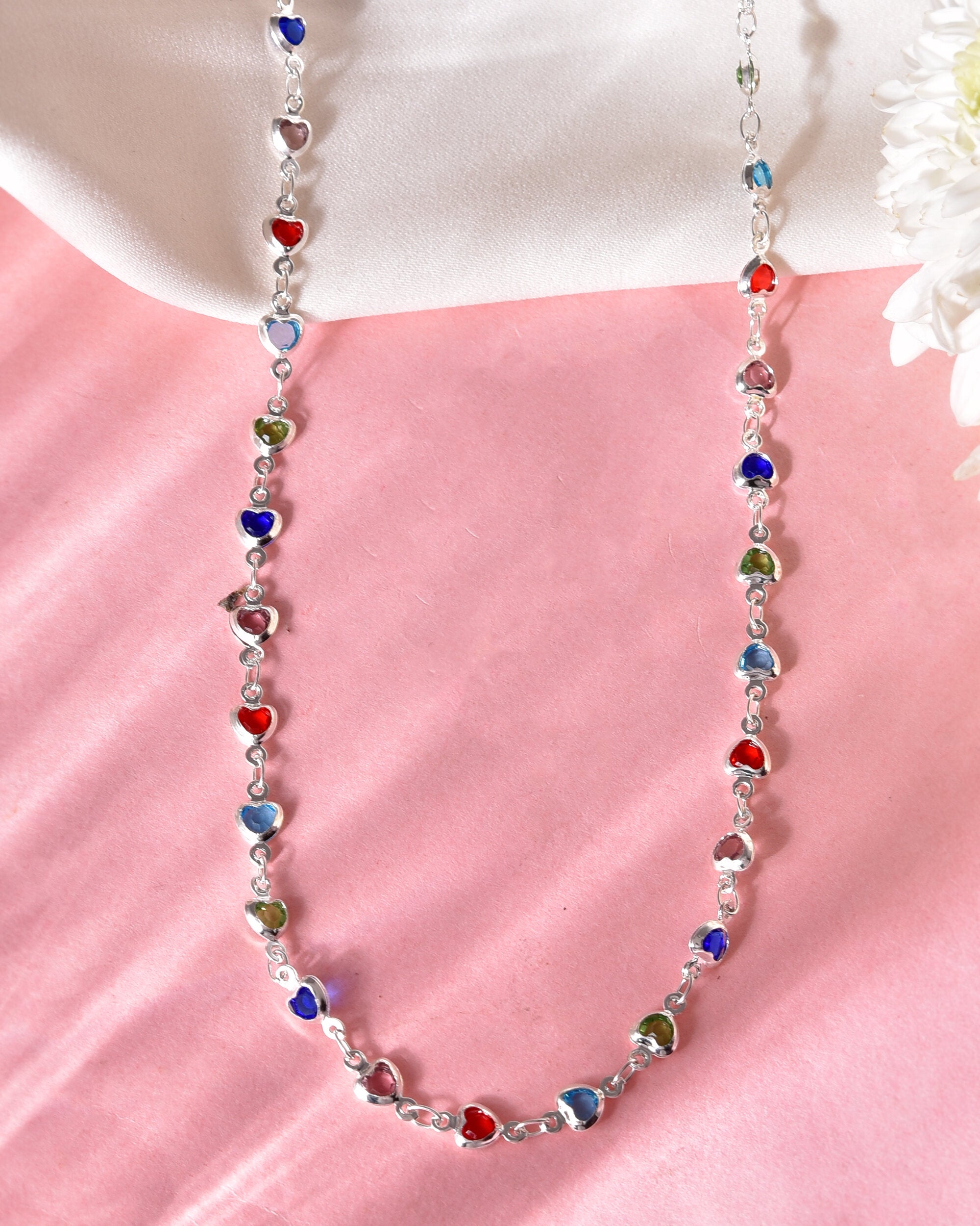 VOJ Silver Plated Multi Colour Stone Heart Shape Chain - Distacart