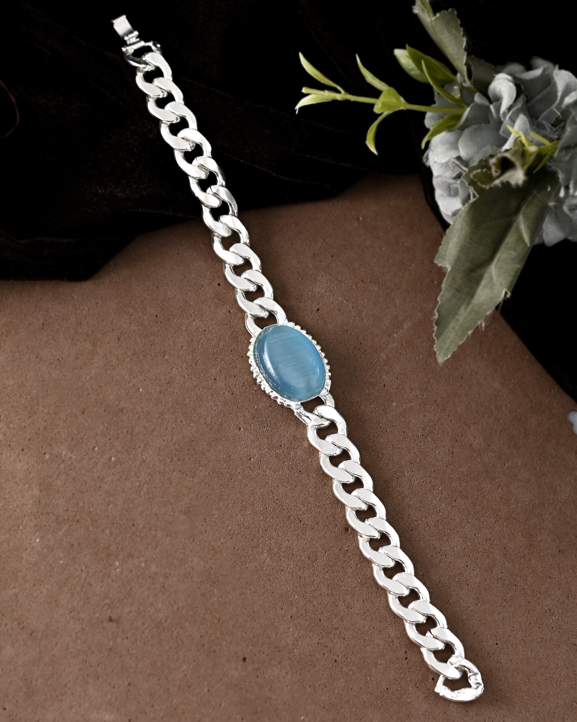 VOJ Silver Plated Blue Stone Men's Bracelet - Distacart