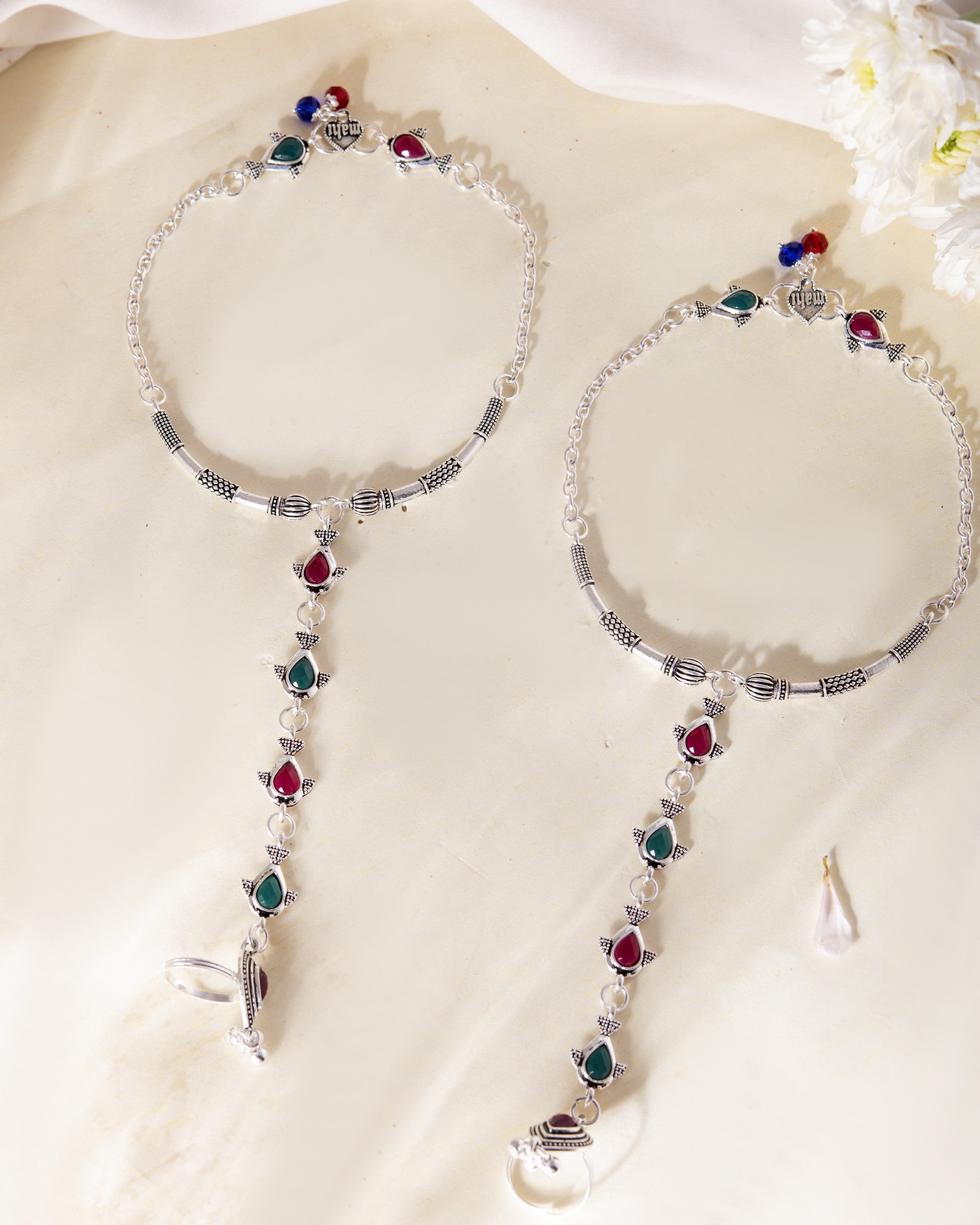 VOJ Set of 2 Silver Toned Meenakari Anklet With Toe Ring - Distacart