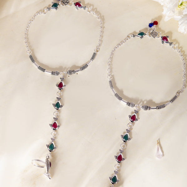 VOJ Set of 2 Silver Toned Meenakari Anklet With Toe Ring - Distacart