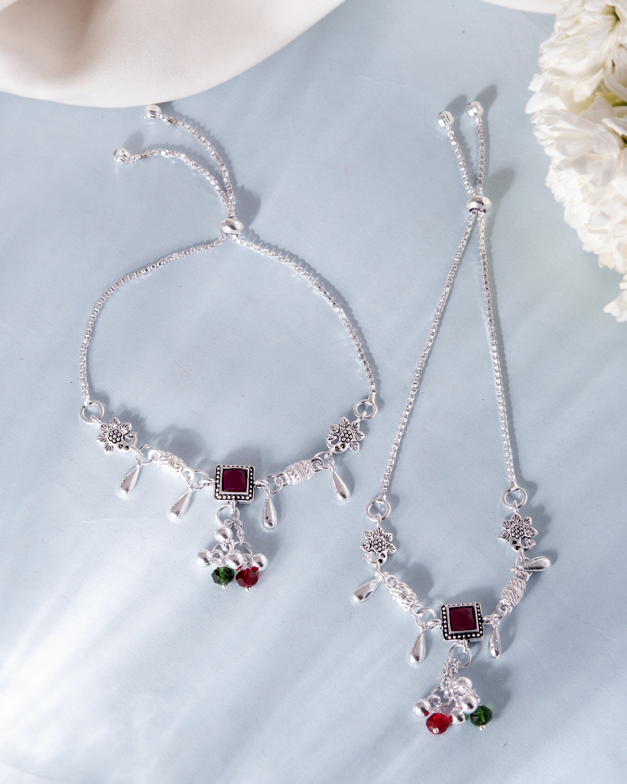 VOJ Set of 2 Silver Plated With Beads Anklet - Distacart
