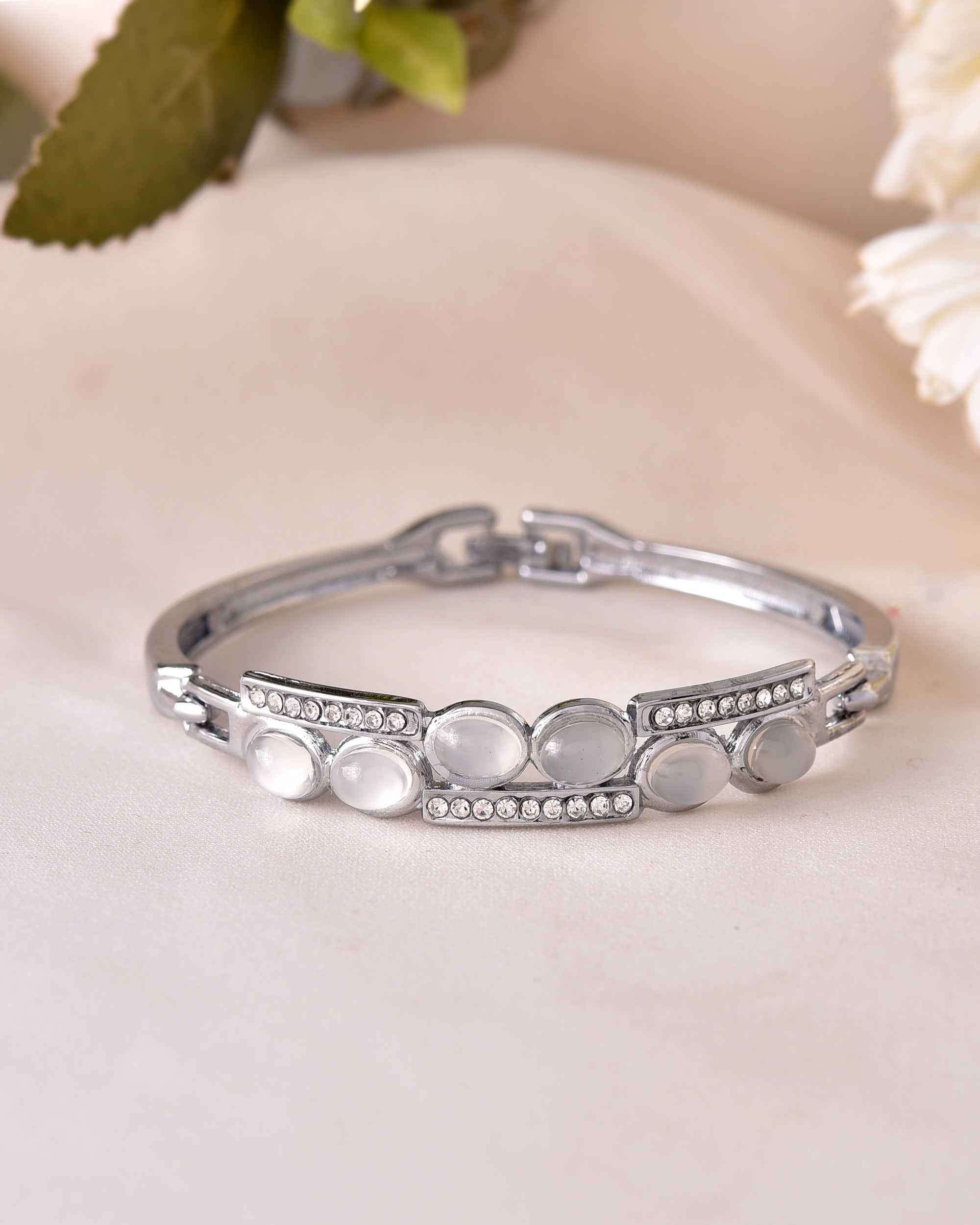 VOJ Silver Plated Stone Studded Kada Bracelet - Distacart