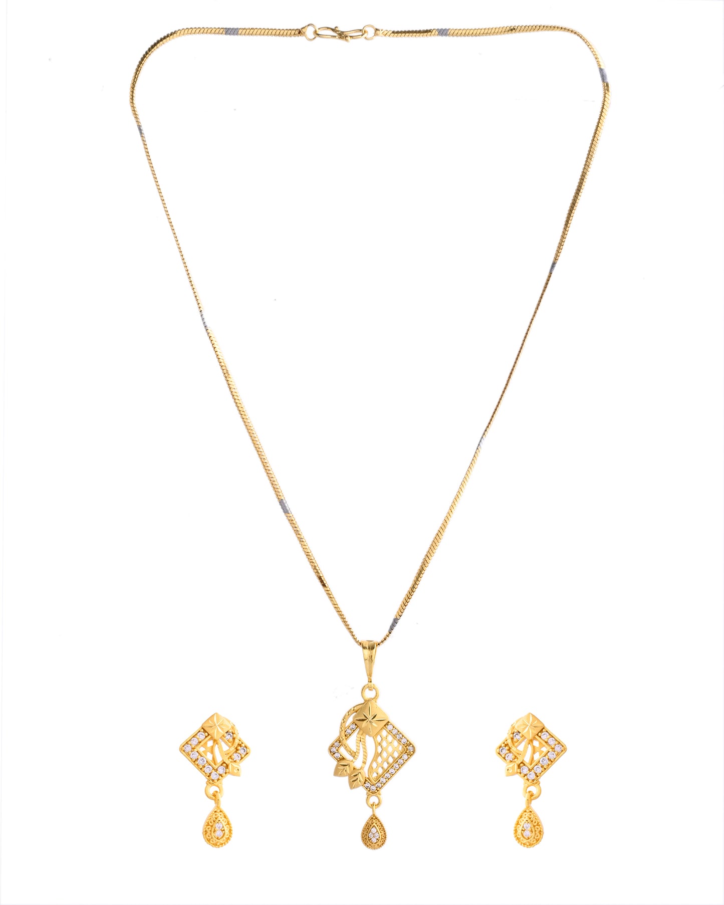 VOJ Gold-Polished AD Stone Studded Geometrical Design Chain Set - Distacart
