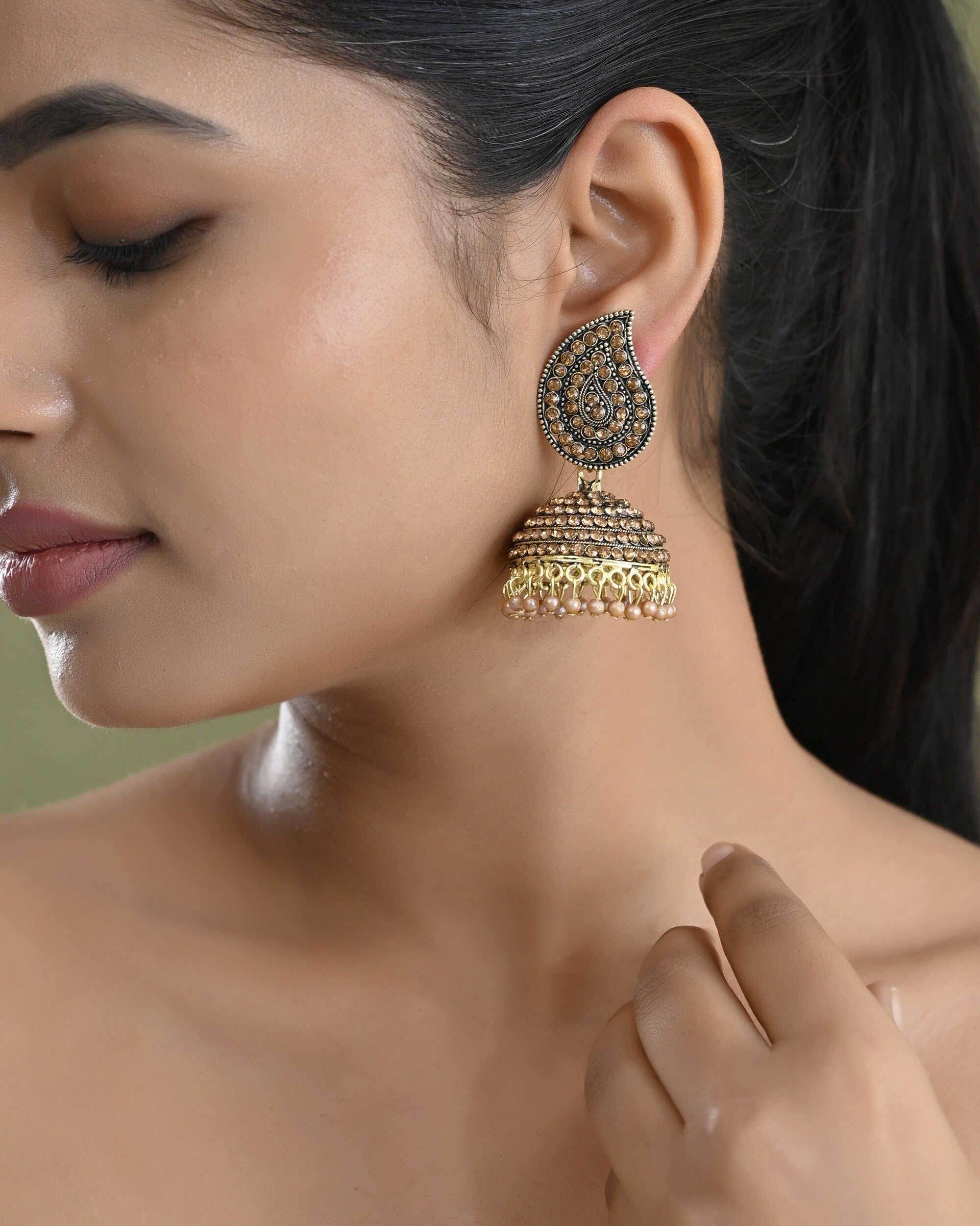 VOJ Gold Toned Stone Studded Done Shaped Jhumka Earrings - Distacart