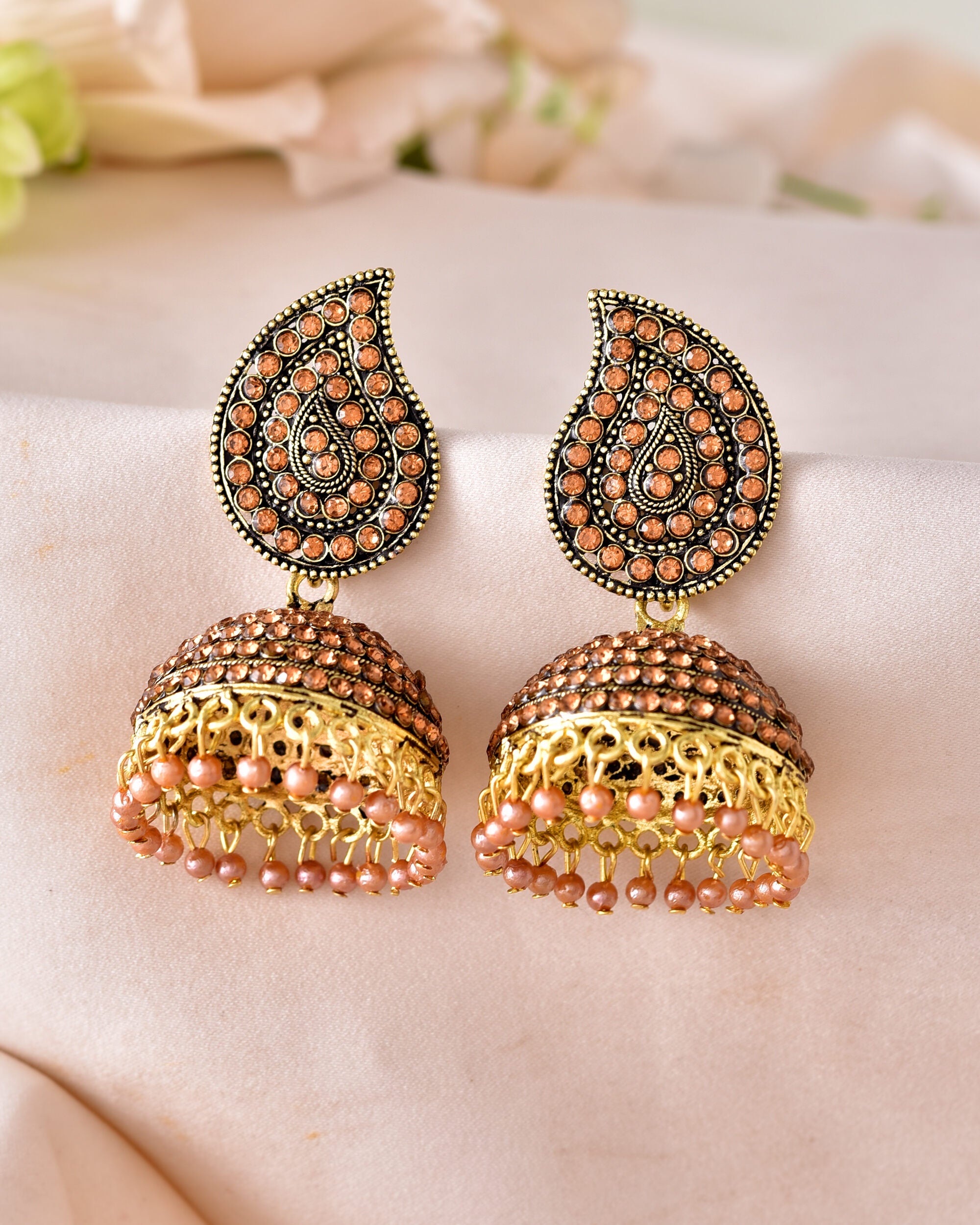 VOJ Gold Toned Stone Studded Done Shaped Jhumka Earrings - Distacart