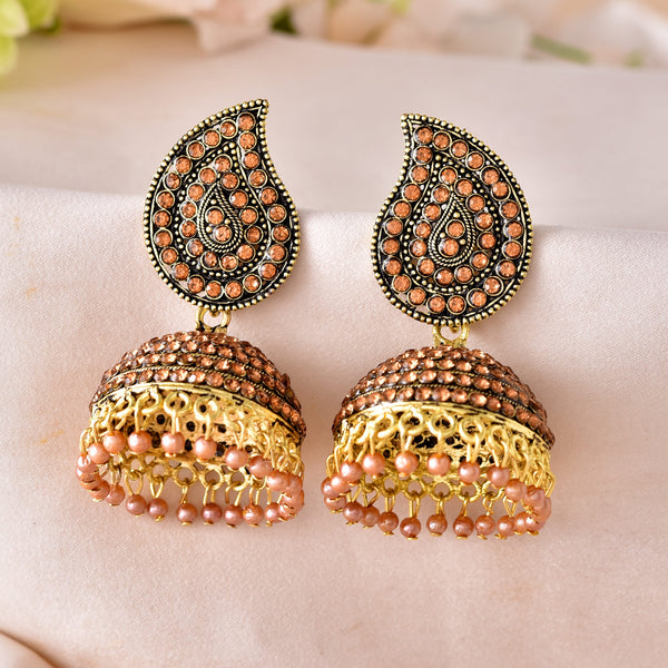 VOJ Gold Toned Stone Studded Done Shaped Jhumka Earrings - Distacart