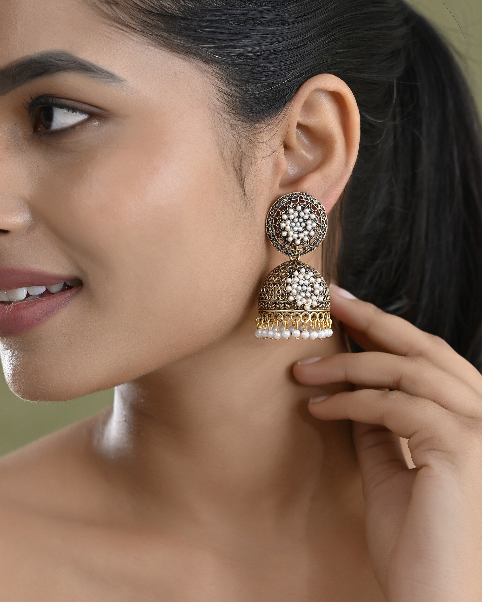 VOJ Gold Toned Stone Studded Done Shaped With Pearl Jhumka Earrings - Distacart