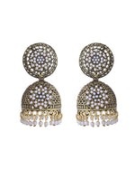 Thumbnail for VOJ Gold Toned Stone Studded Done Shaped With Pearl Jhumka Earrings