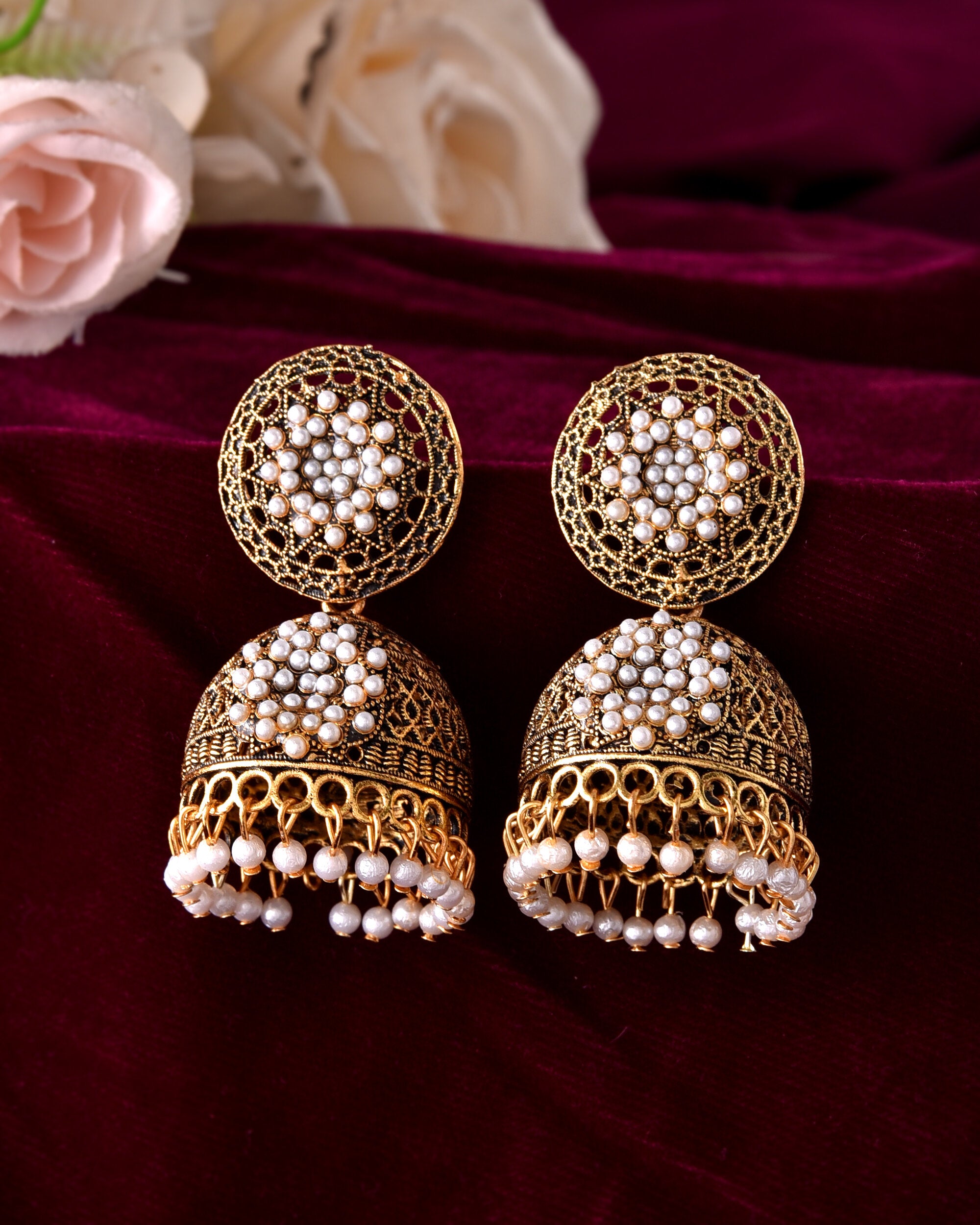 VOJ Gold Toned Stone Studded Done Shaped With Pearl Jhumka Earrings - Distacart