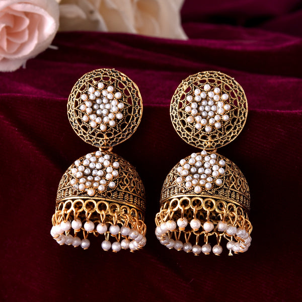 VOJ Gold Toned Stone Studded Done Shaped With Pearl Jhumka Earrings - Distacart