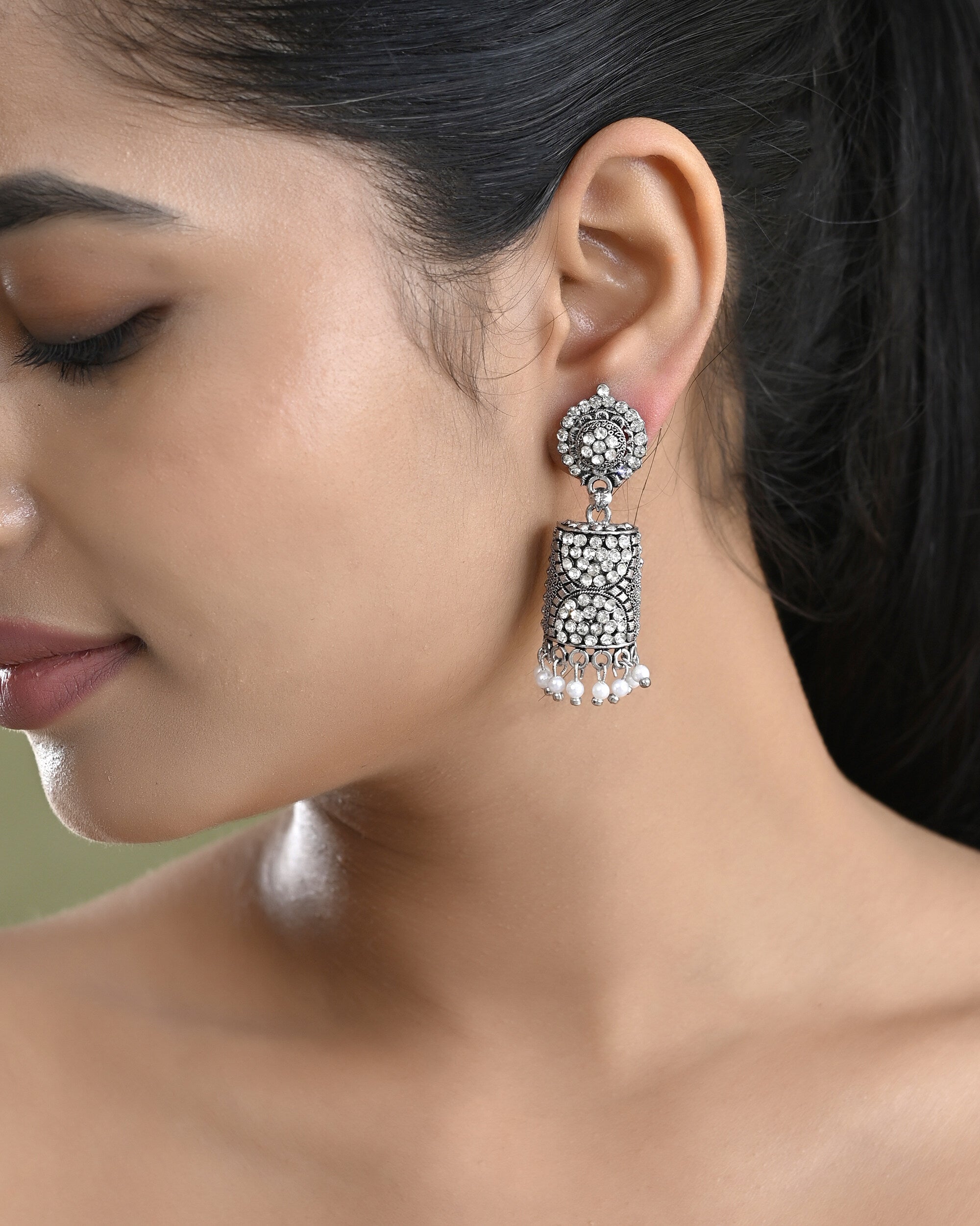 VOJ Silver Toned Stone Studded Jhumka Earrings - Distacart