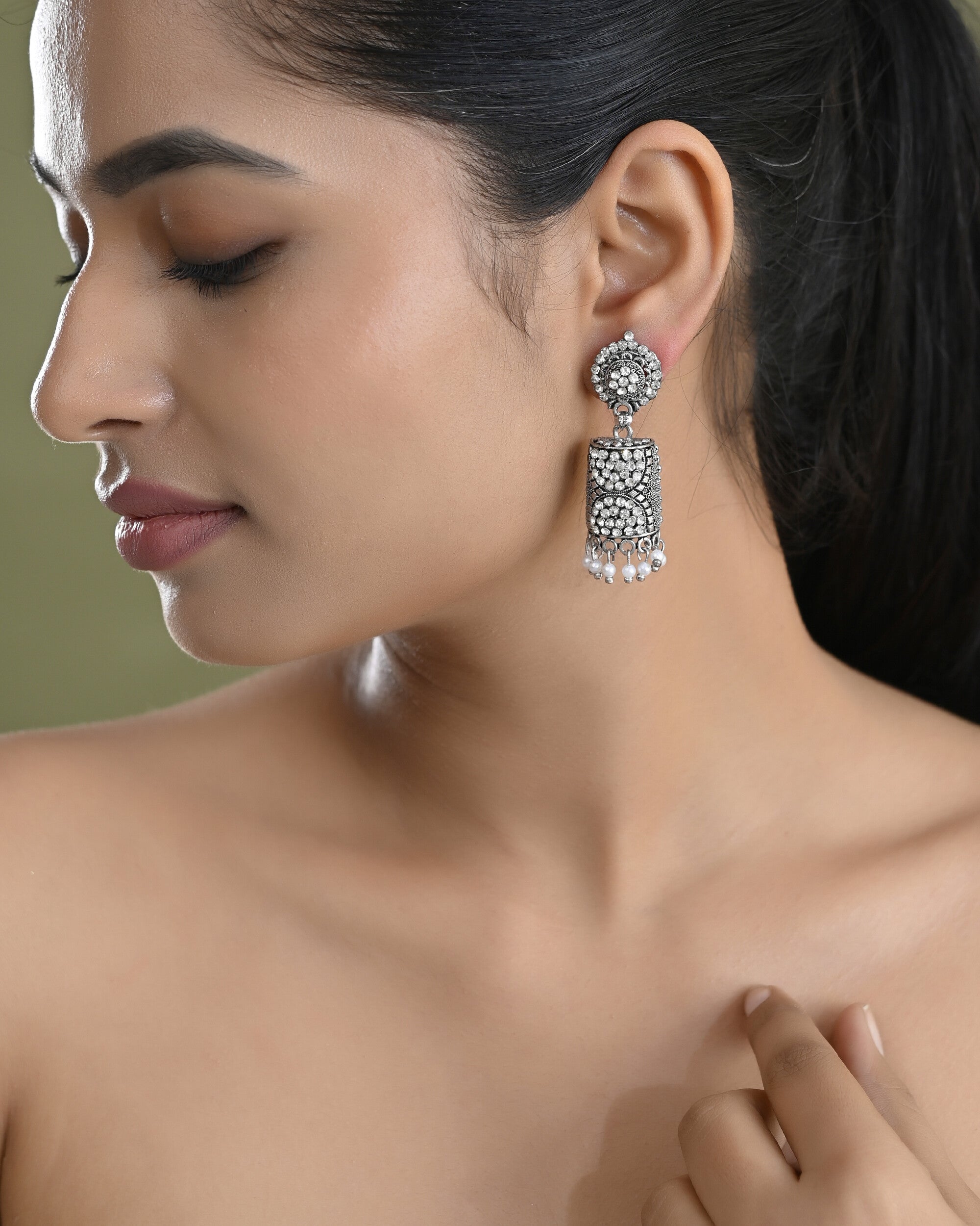 VOJ Silver Toned Stone Studded Jhumka Earrings - Distacart