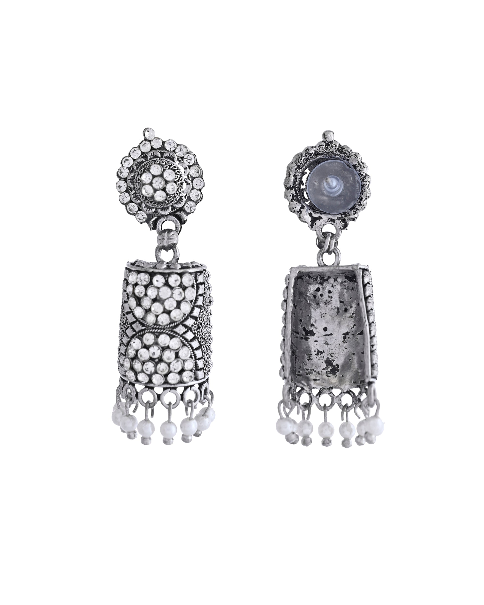 VOJ Silver Toned Stone Studded Jhumka Earrings - Distacart