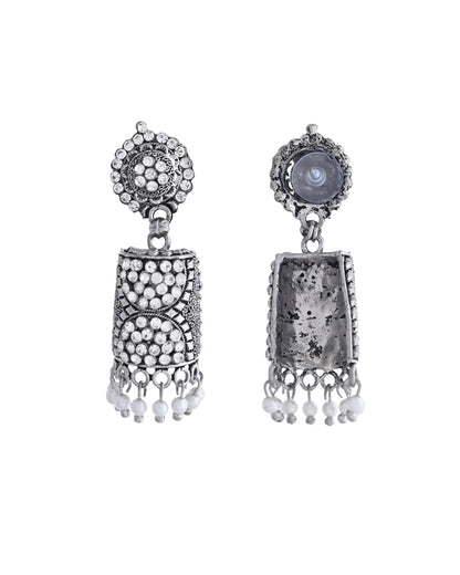 VOJ Silver Toned Stone Studded Jhumka Earrings - Distacart