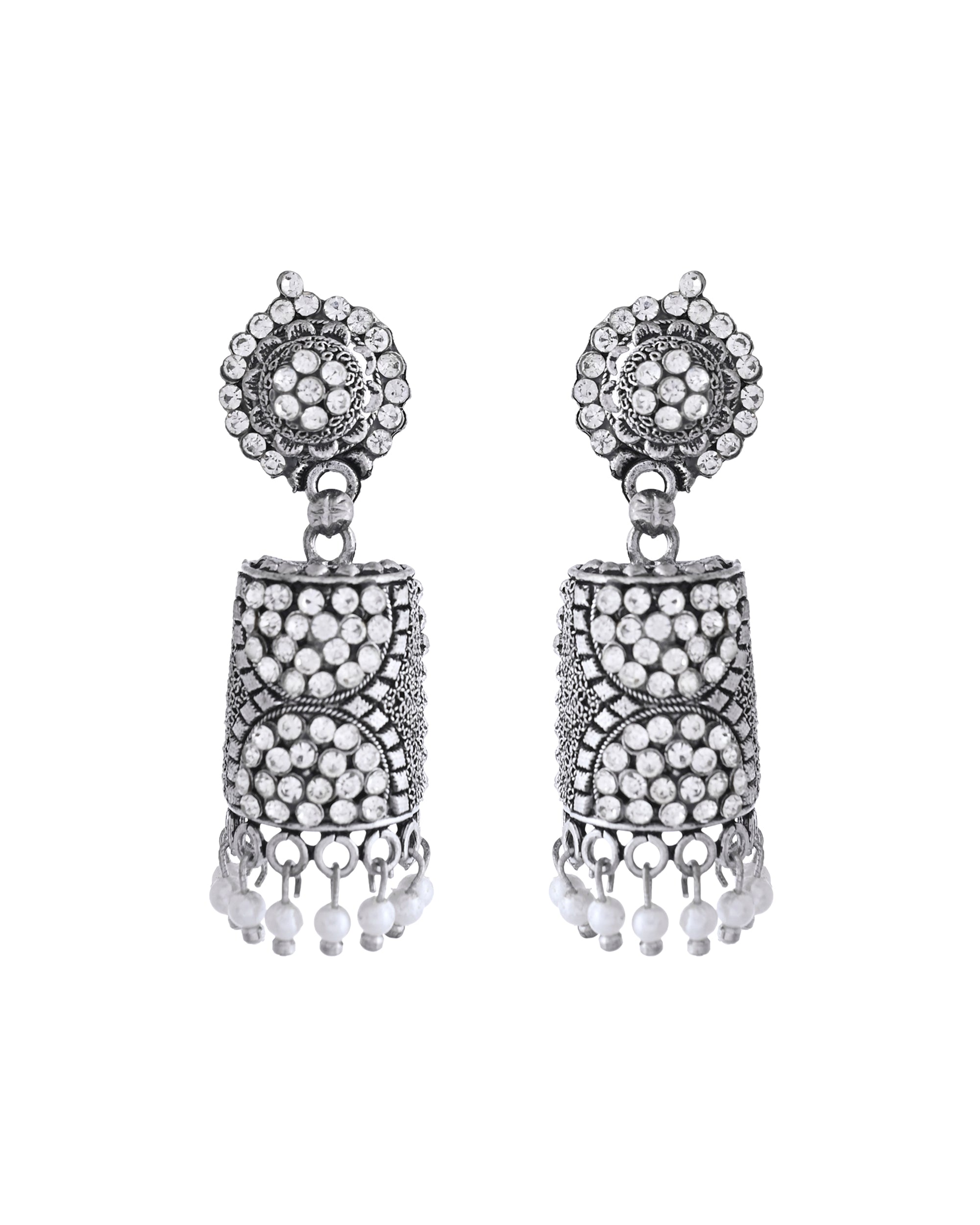 VOJ Silver Toned Stone Studded Jhumka Earrings - Distacart