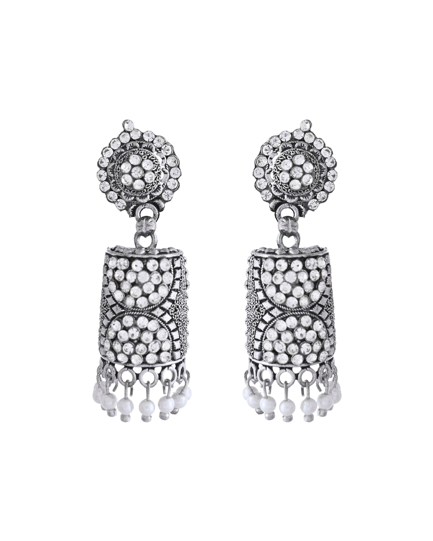 VOJ Silver Toned Stone Studded Jhumka Earrings - Distacart