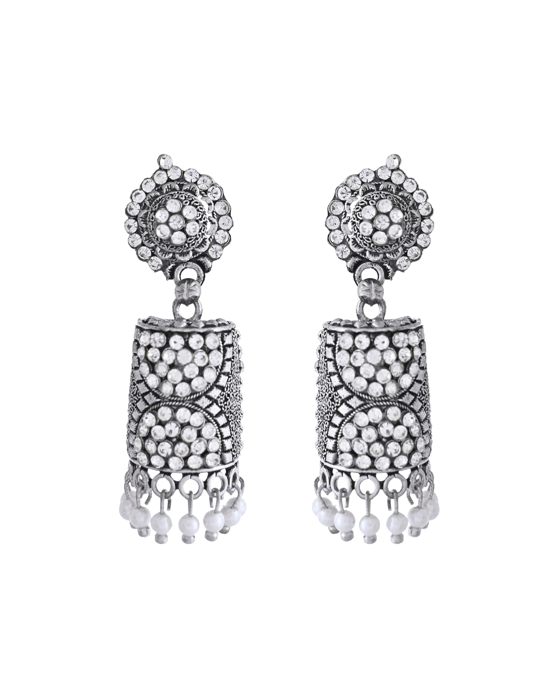 VOJ Silver Toned Stone Studded Jhumka Earrings - Distacart