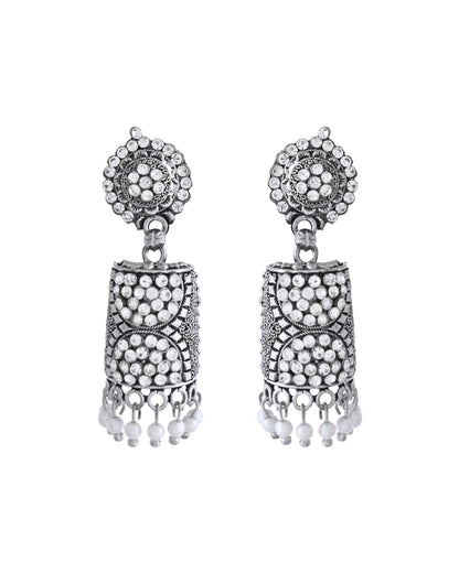 VOJ Silver Toned Stone Studded Jhumka Earrings - Distacart