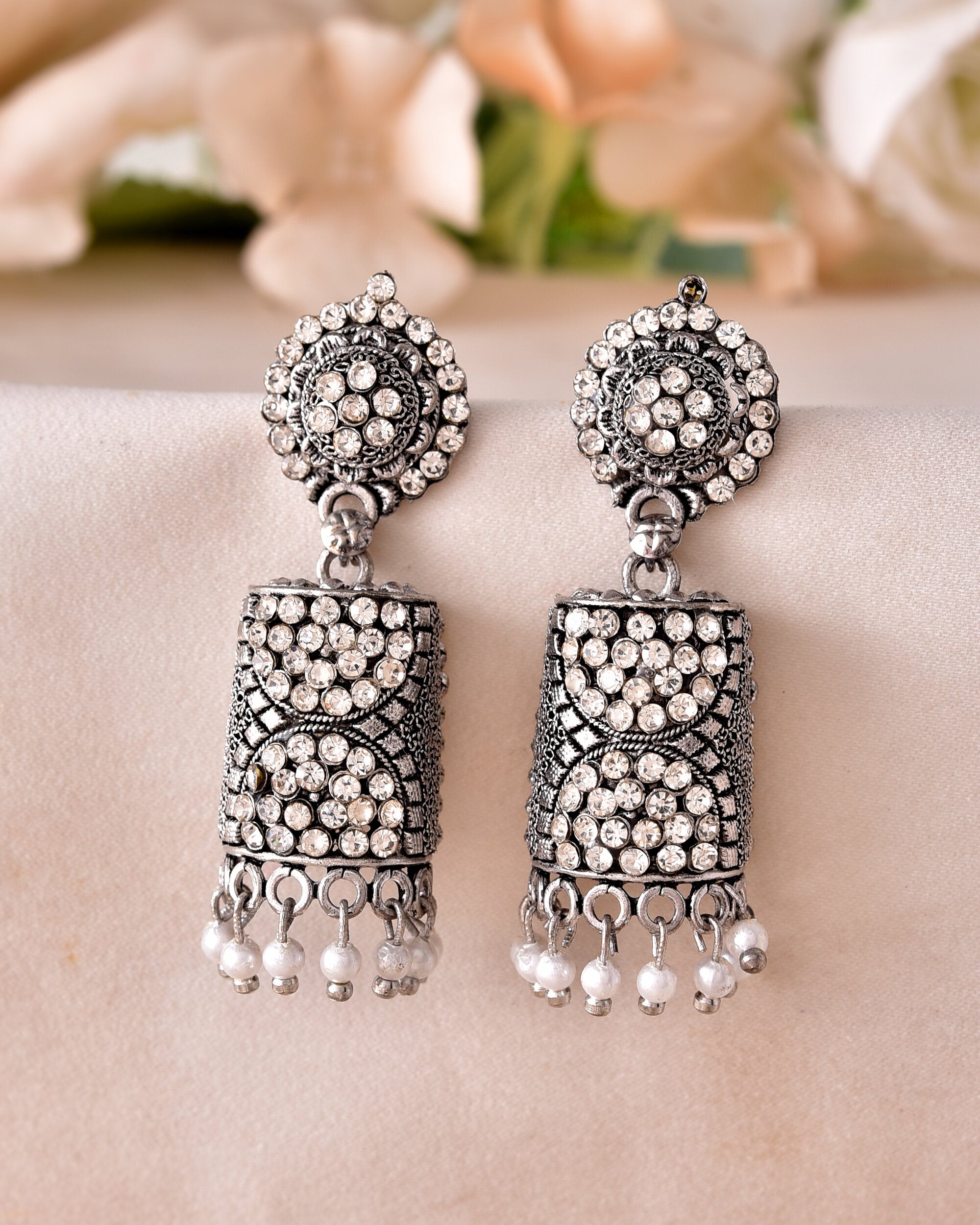 VOJ Silver Toned Stone Studded Jhumka Earrings - Distacart