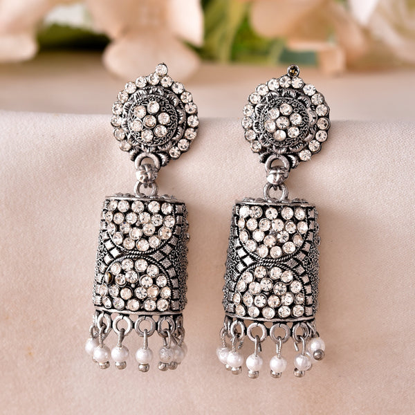 VOJ Silver Toned Stone Studded Jhumka Earrings - Distacart