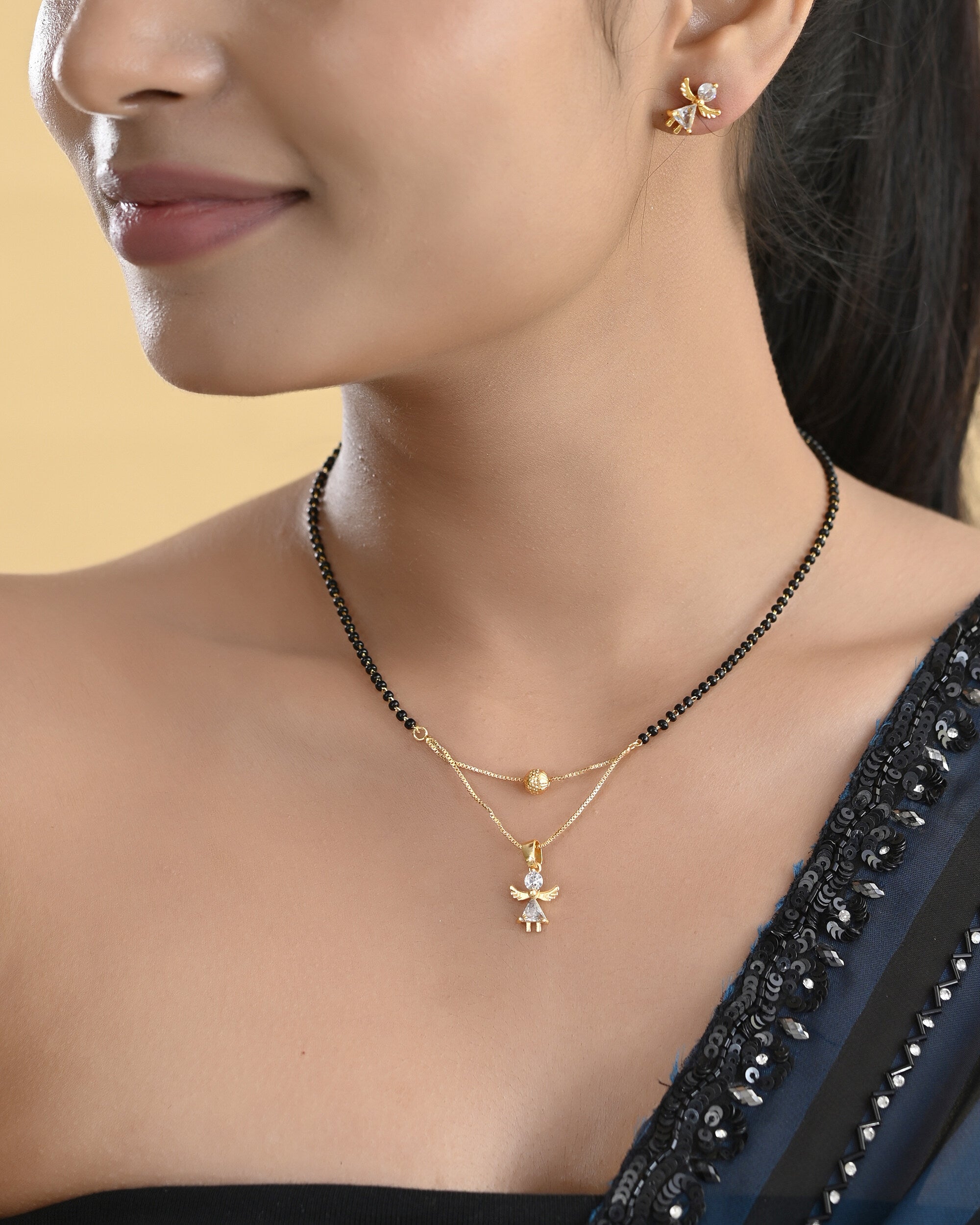 VOJ Gold-Polished Doll Shapped Stone Studded Mangalsutra With Earrings Set - Distacart