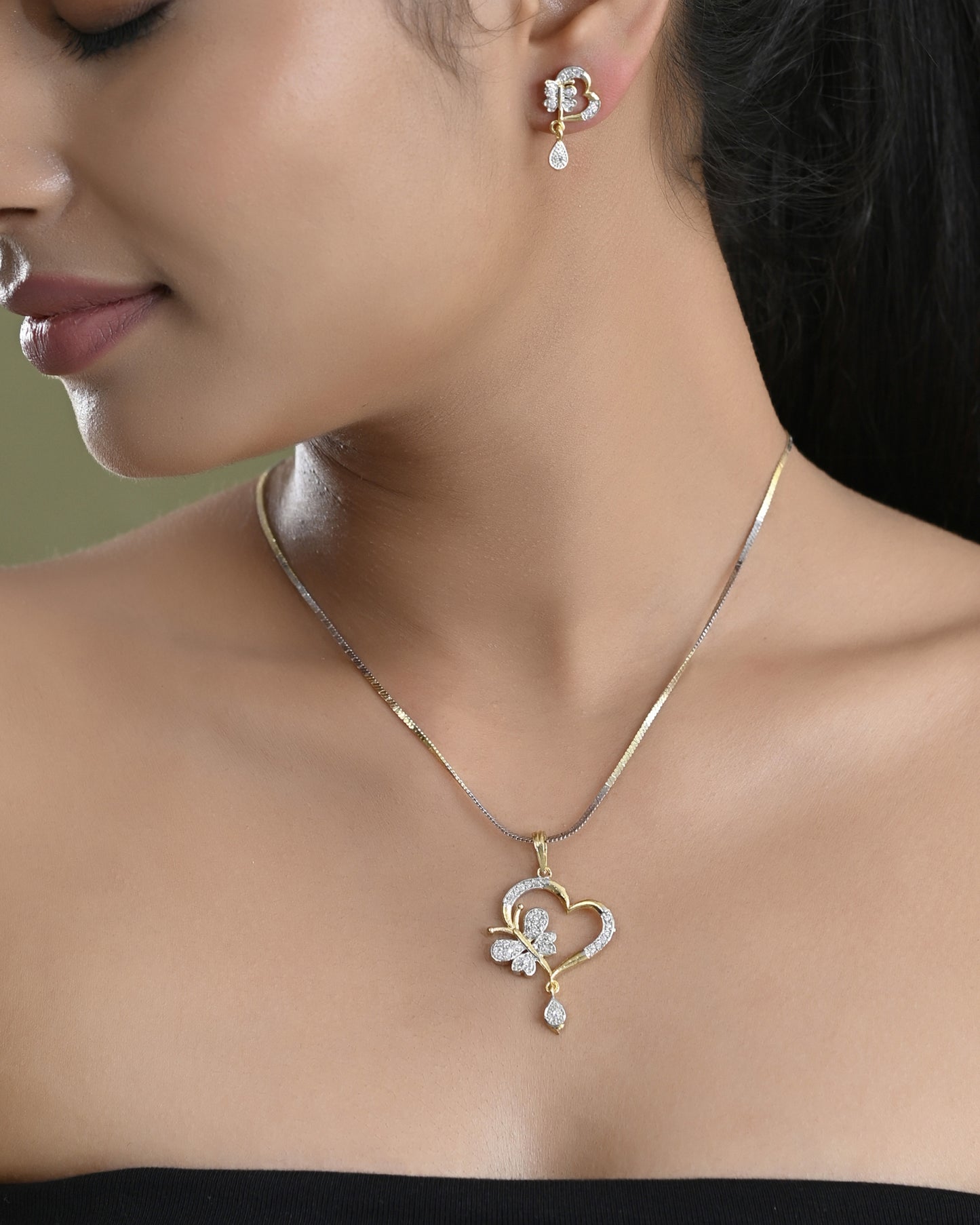 VOJ Dual Tone AD Stone Studded Butterfly Shaped Chain Set With Pandent - Distacart