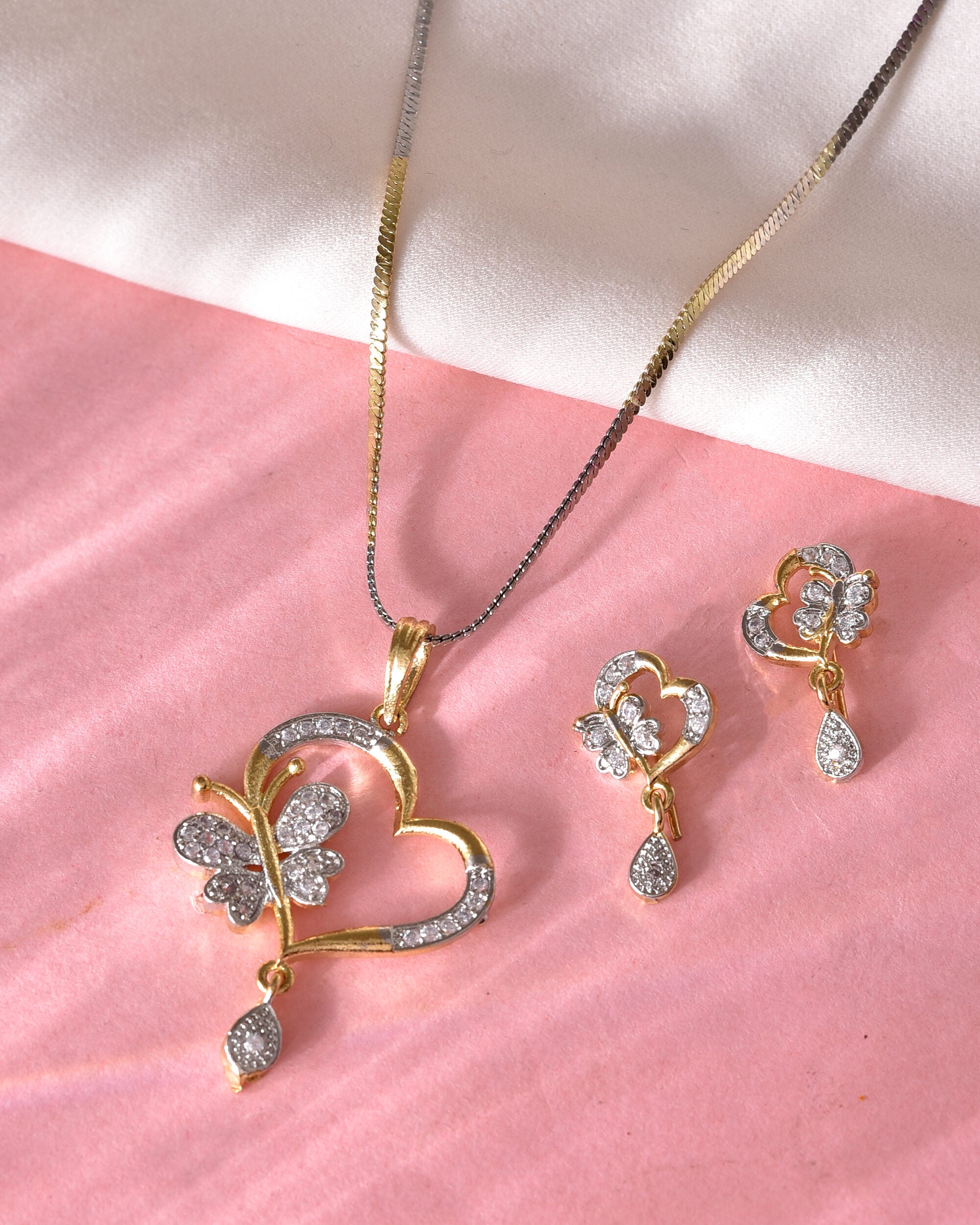 VOJ Dual Tone AD Stone Studded Butterfly Shaped Chain Set With Pandent - Distacart