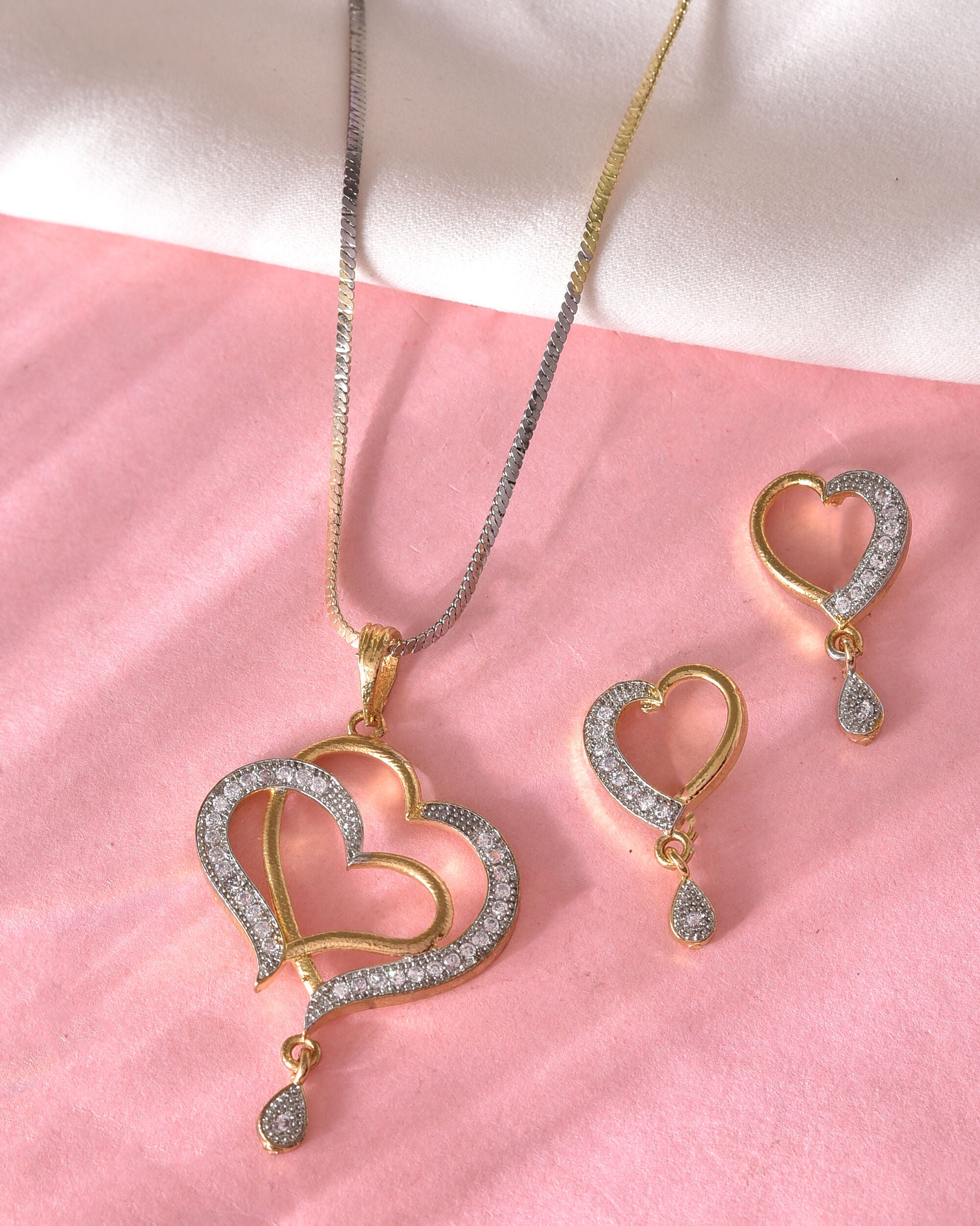 VOJ Dual Tone AD Stone Studded Heart Shaped Chain Set With Pendant - Distacart