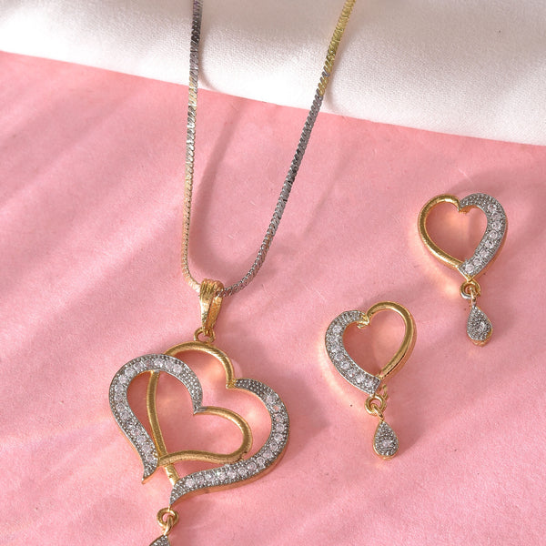 VOJ Dual Tone AD Stone Studded Heart Shaped Chain Set With Pendant - Distacart