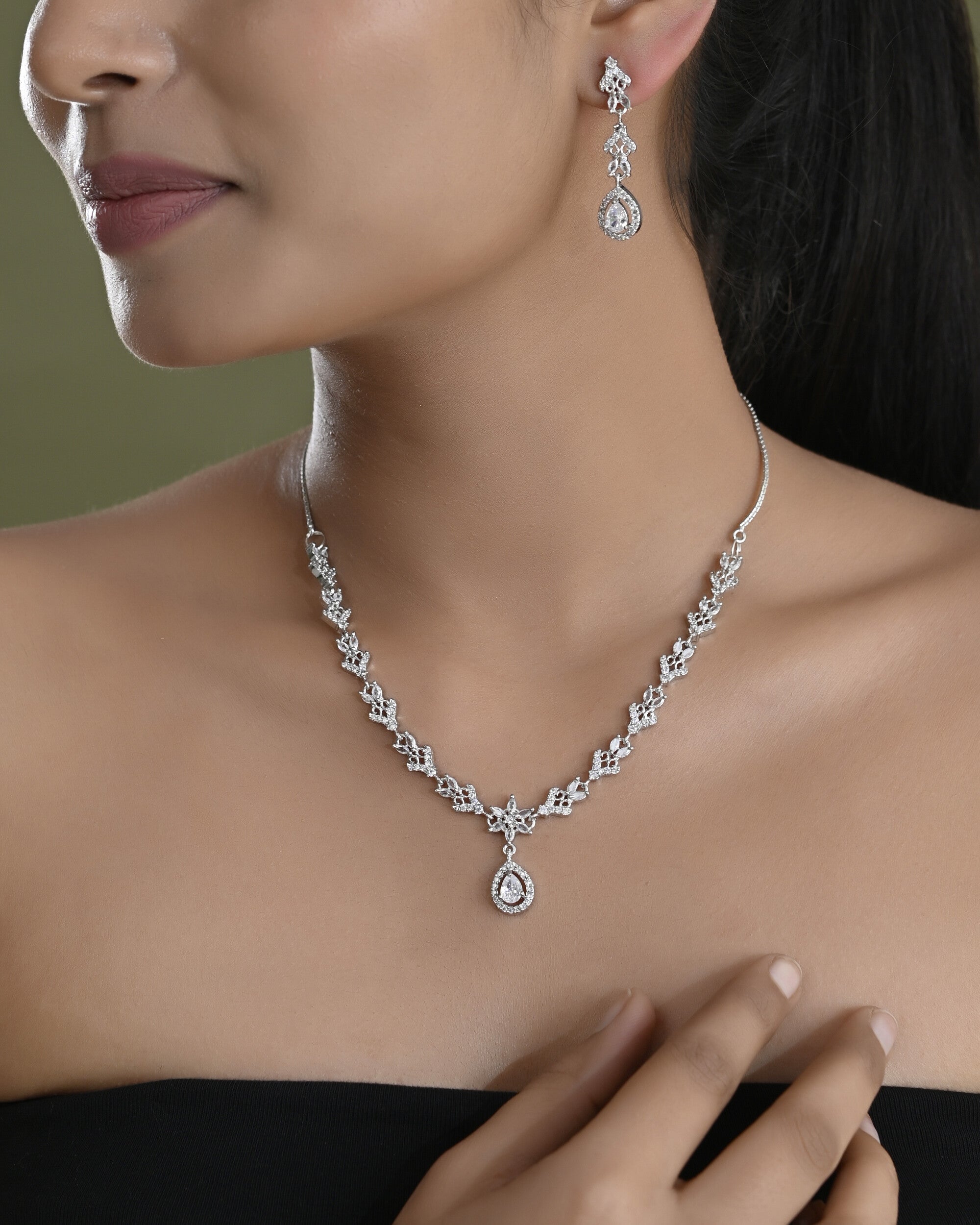 VOJ Silver Plated Elegent Designer AD Jewellery Set - Distacart