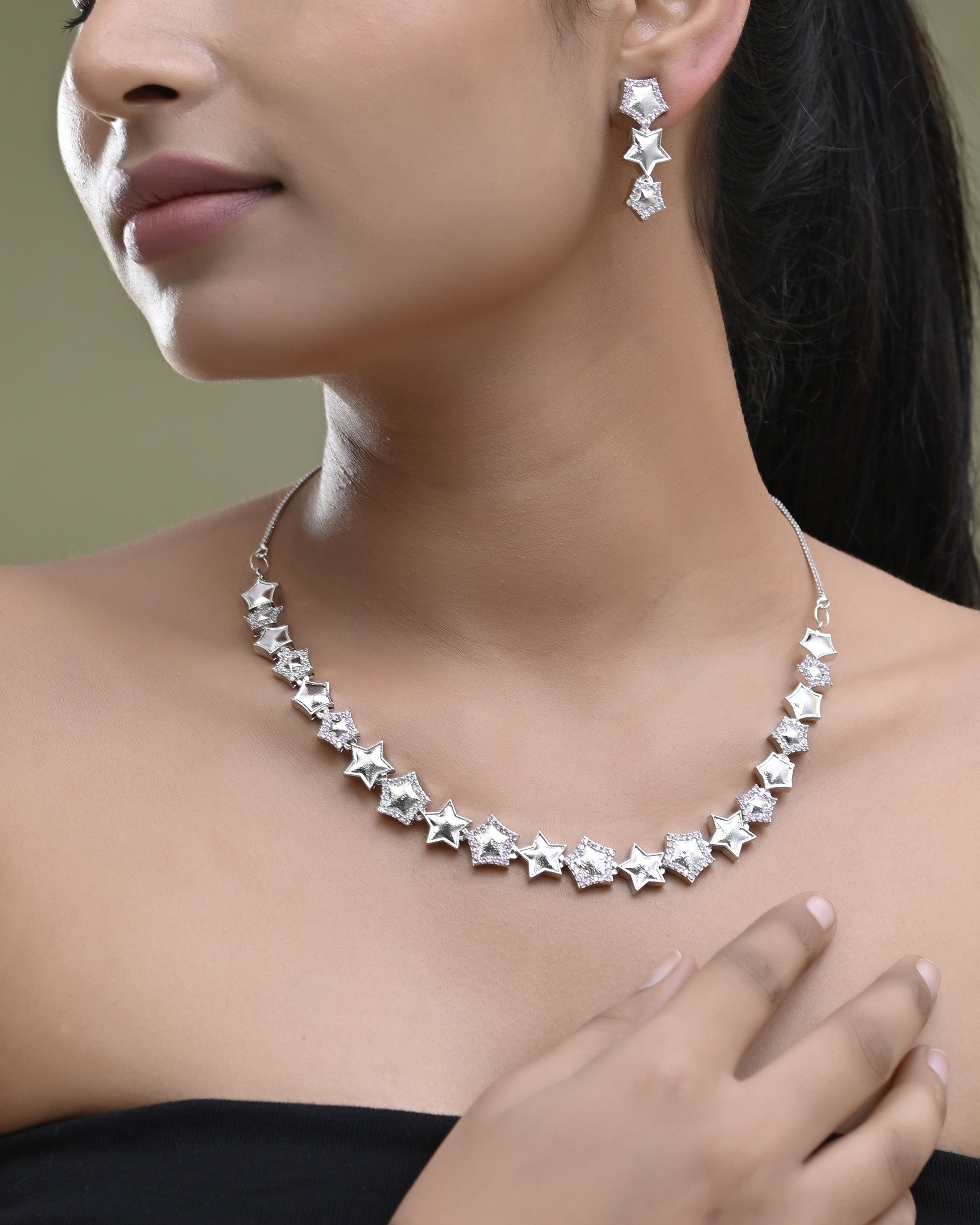 VOJ Silver Plated Star Shaped Necklace With Earrings Set - Distacart