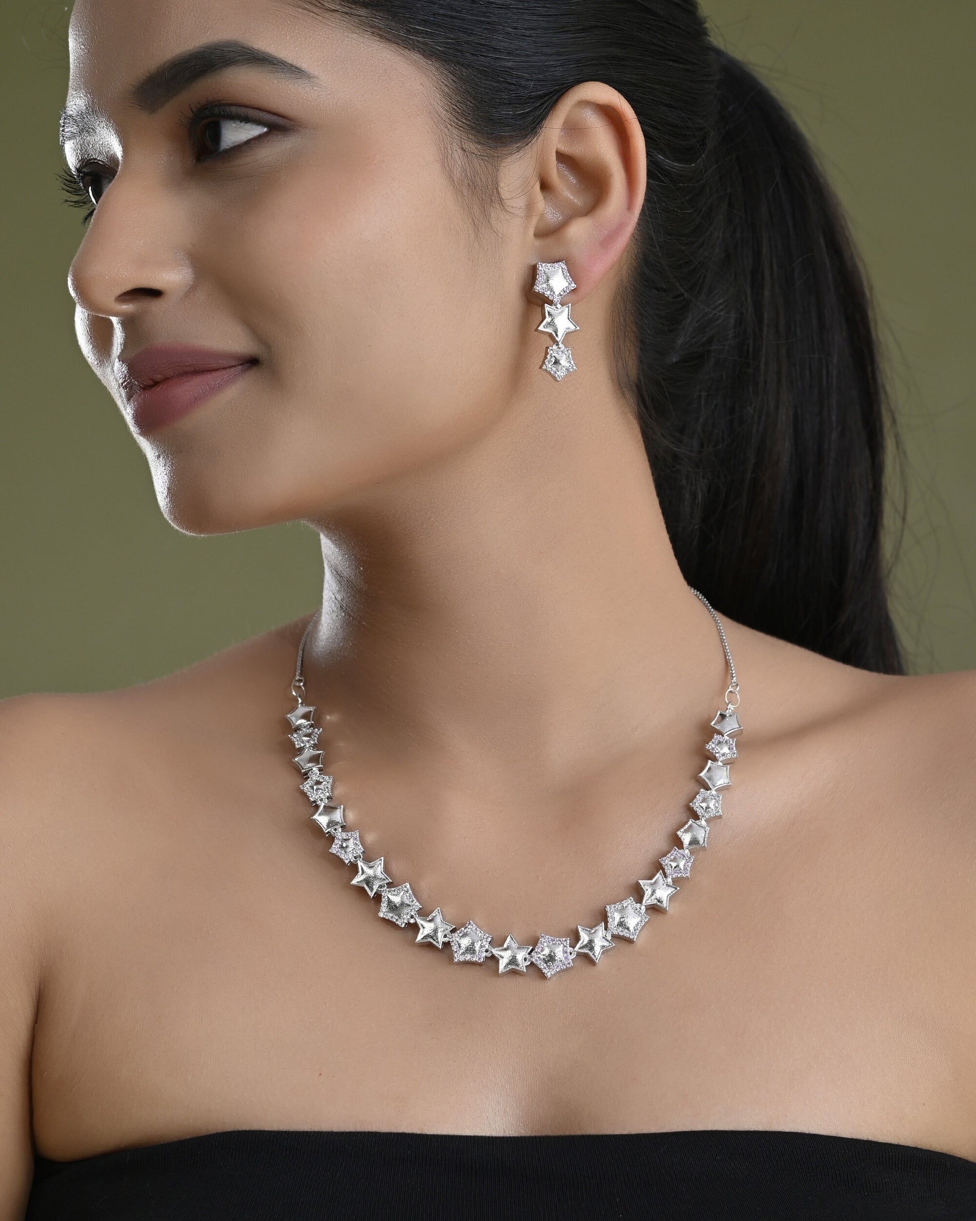 VOJ Silver Plated Star Shaped Necklace With Earrings Set - Distacart