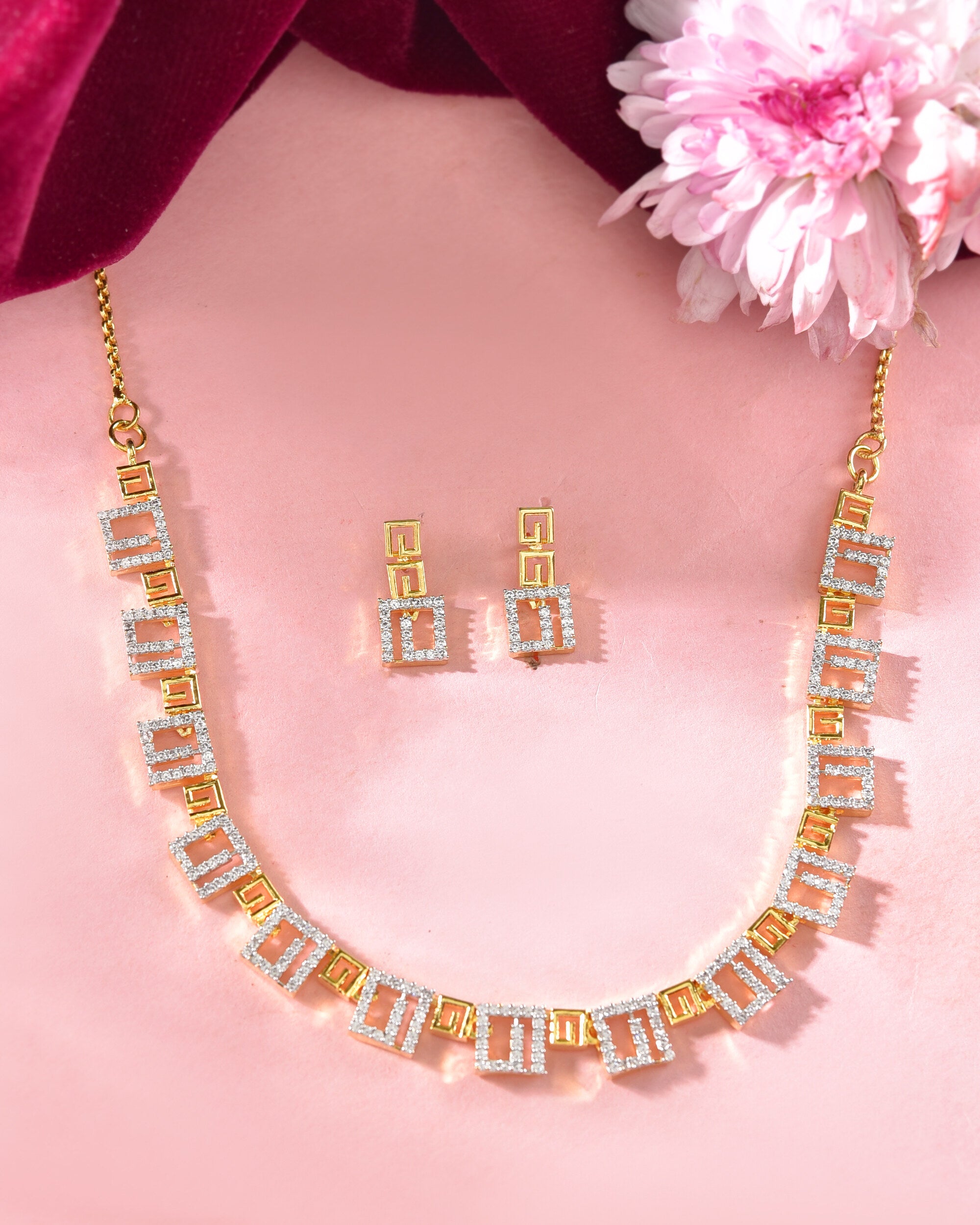 VOJ Gold-Polished Geometrical AD Jewellery Set - Distacart