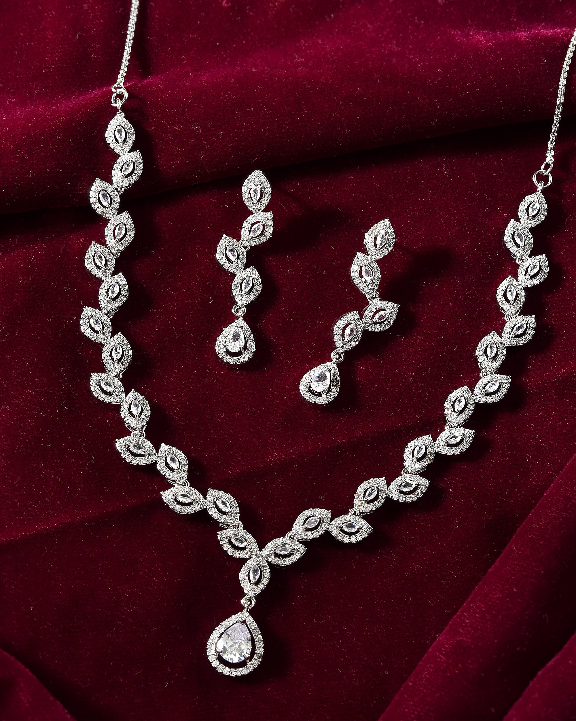 VOJ Silver Plated Tear Drop Shaped AD Necklace With Earrings Set - Distacart