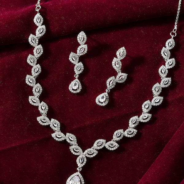 VOJ Silver Plated Tear Drop Shaped AD Necklace With Earrings Set - Distacart