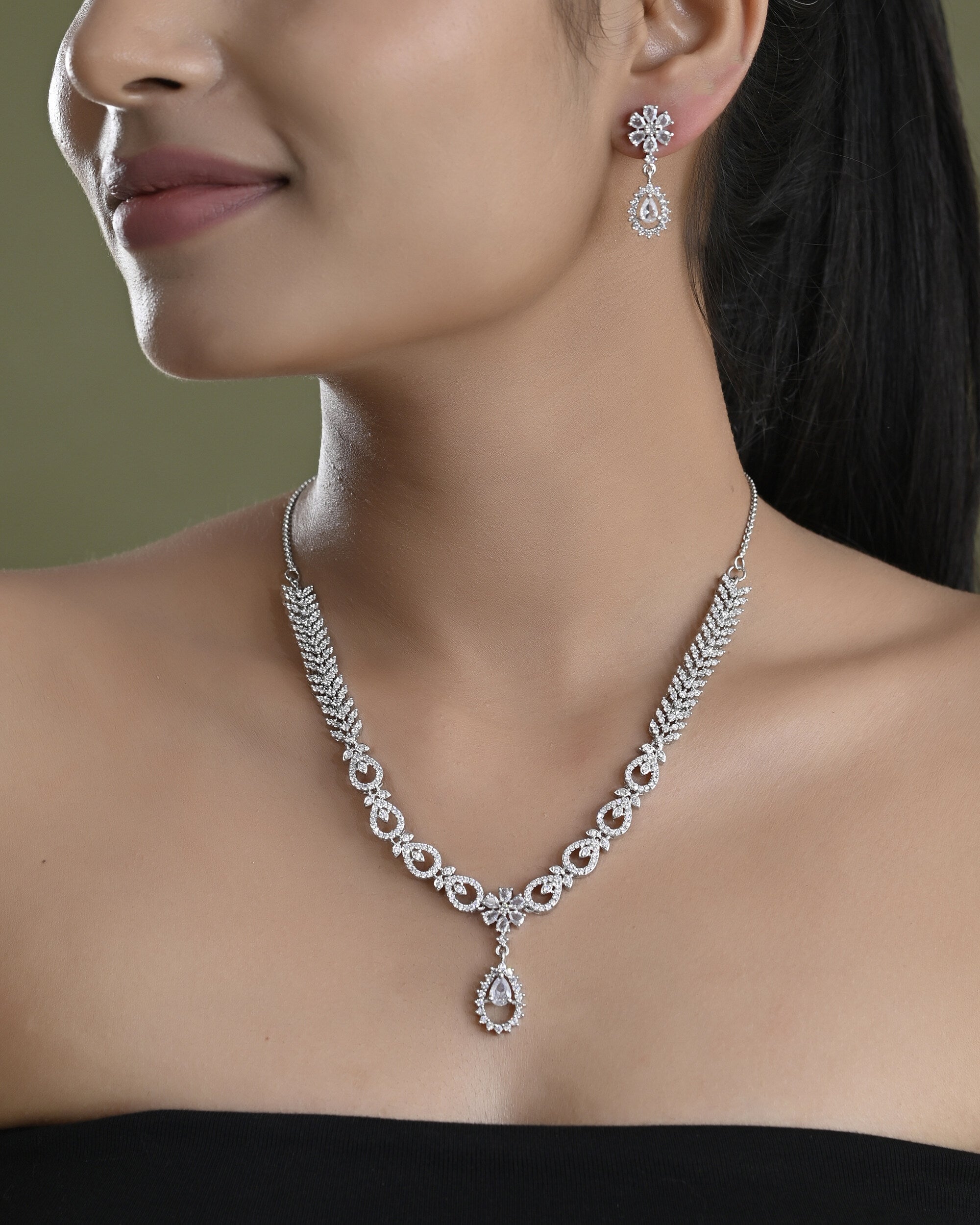 VOJ Silver Plated AD Stone Studded Necklace With Earrings Set - Distacart