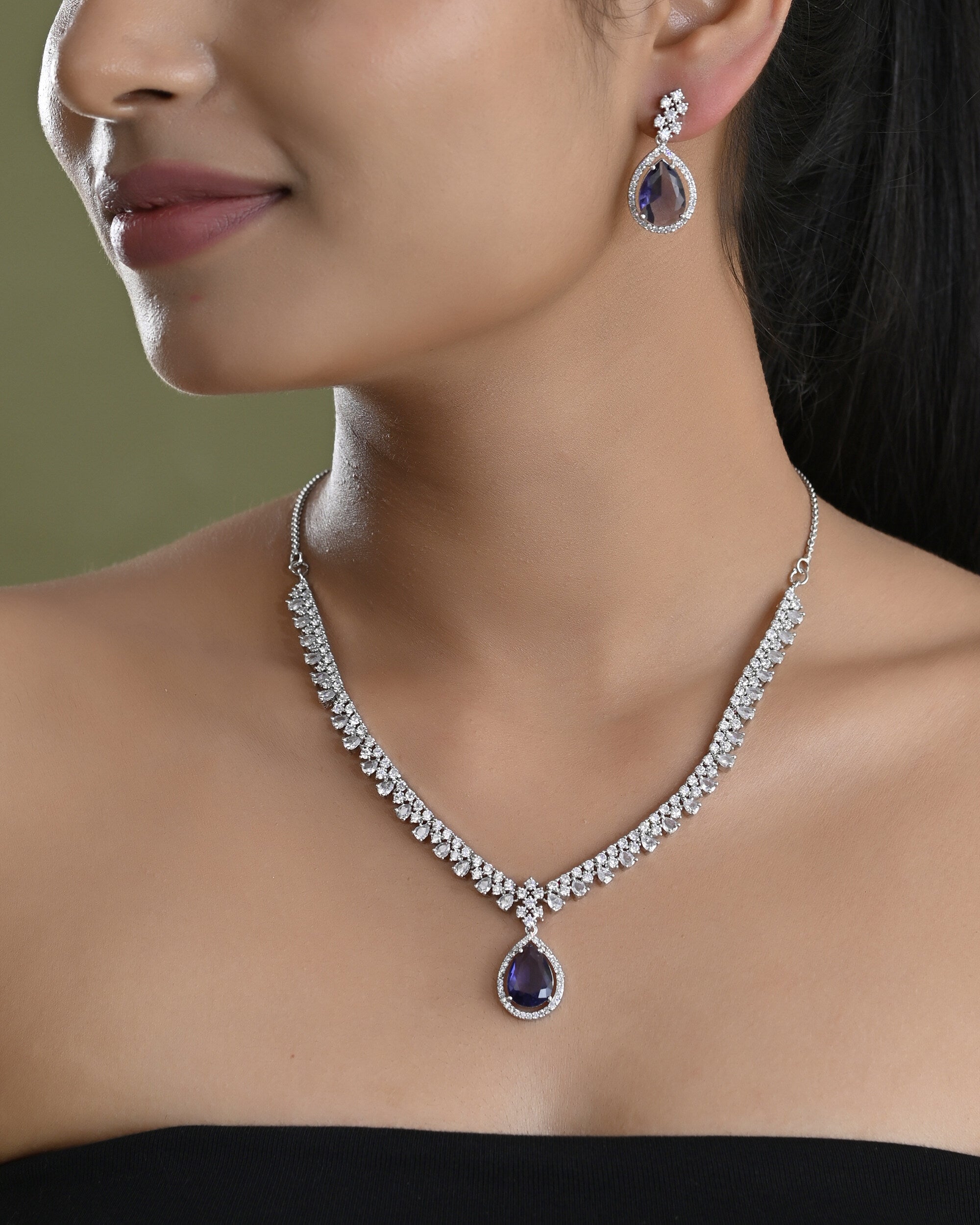 VOJ Silver Plated Purple Stone Studded AD Jewellery Set - Distacart