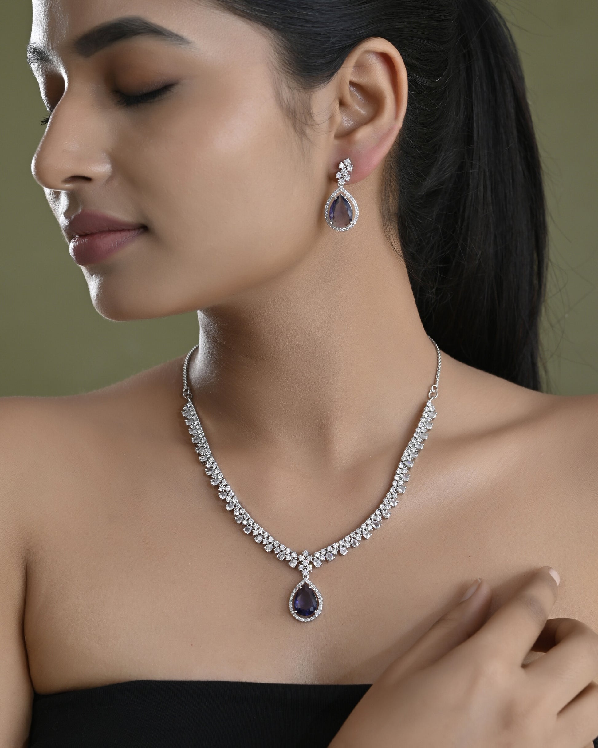 VOJ Silver Plated Purple Stone Studded AD Jewellery Set - Distacart