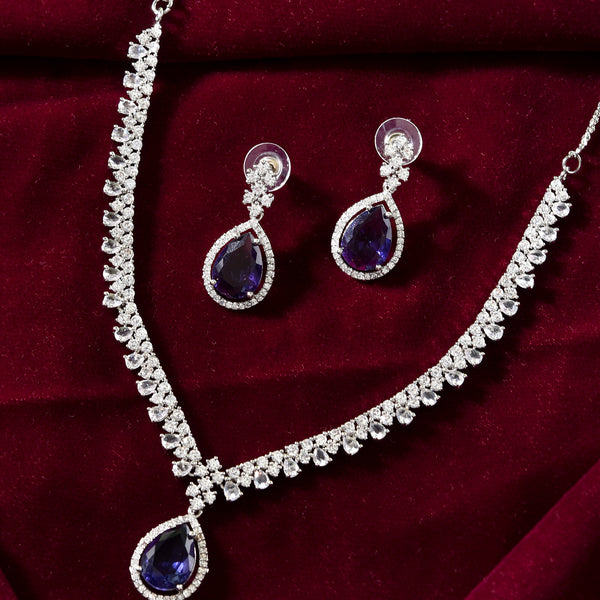 VOJ Silver Plated Purple Stone Studded AD Jewellery Set - Distacart