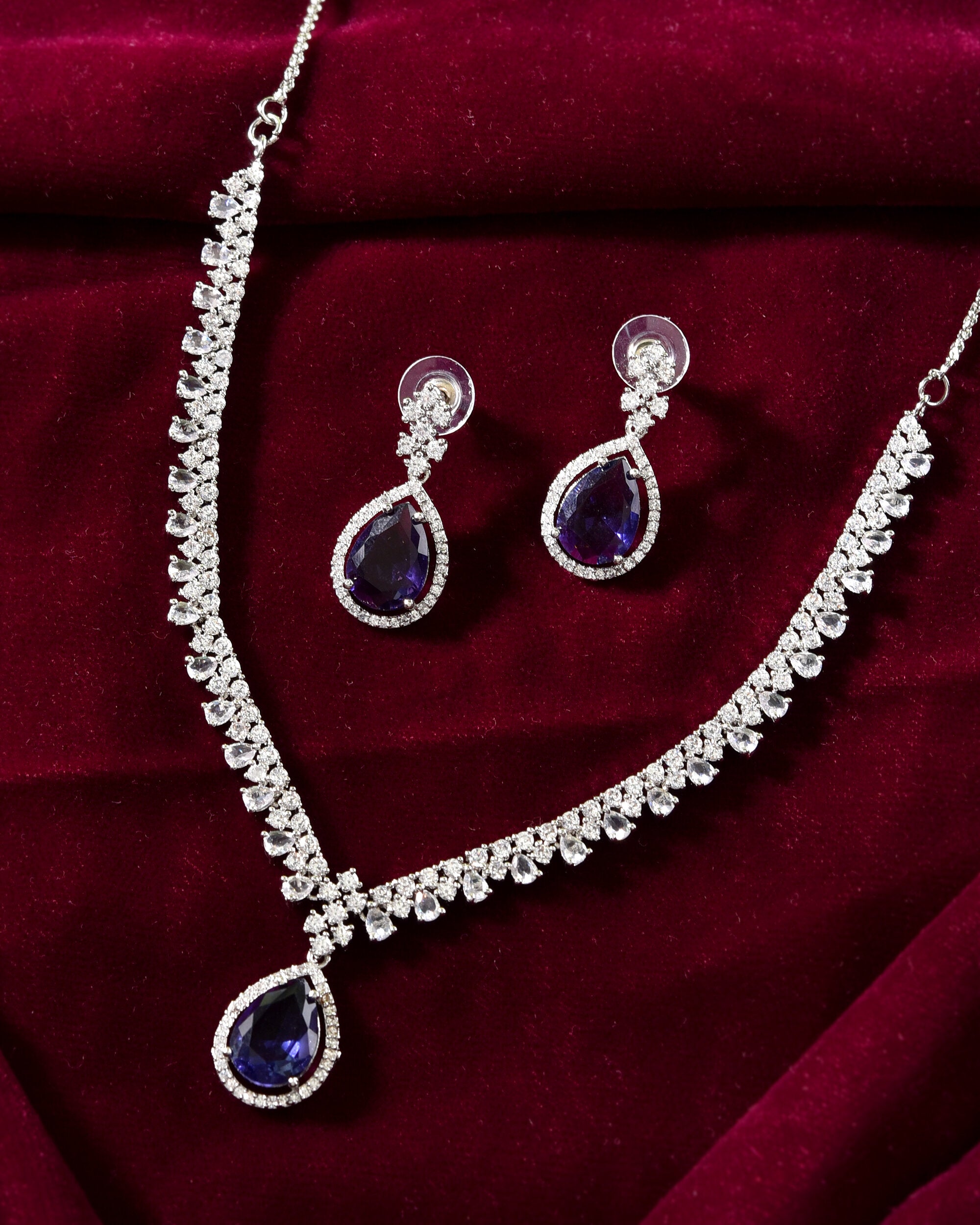 VOJ Silver Plated Purple Stone Studded AD Jewellery Set - Distacart