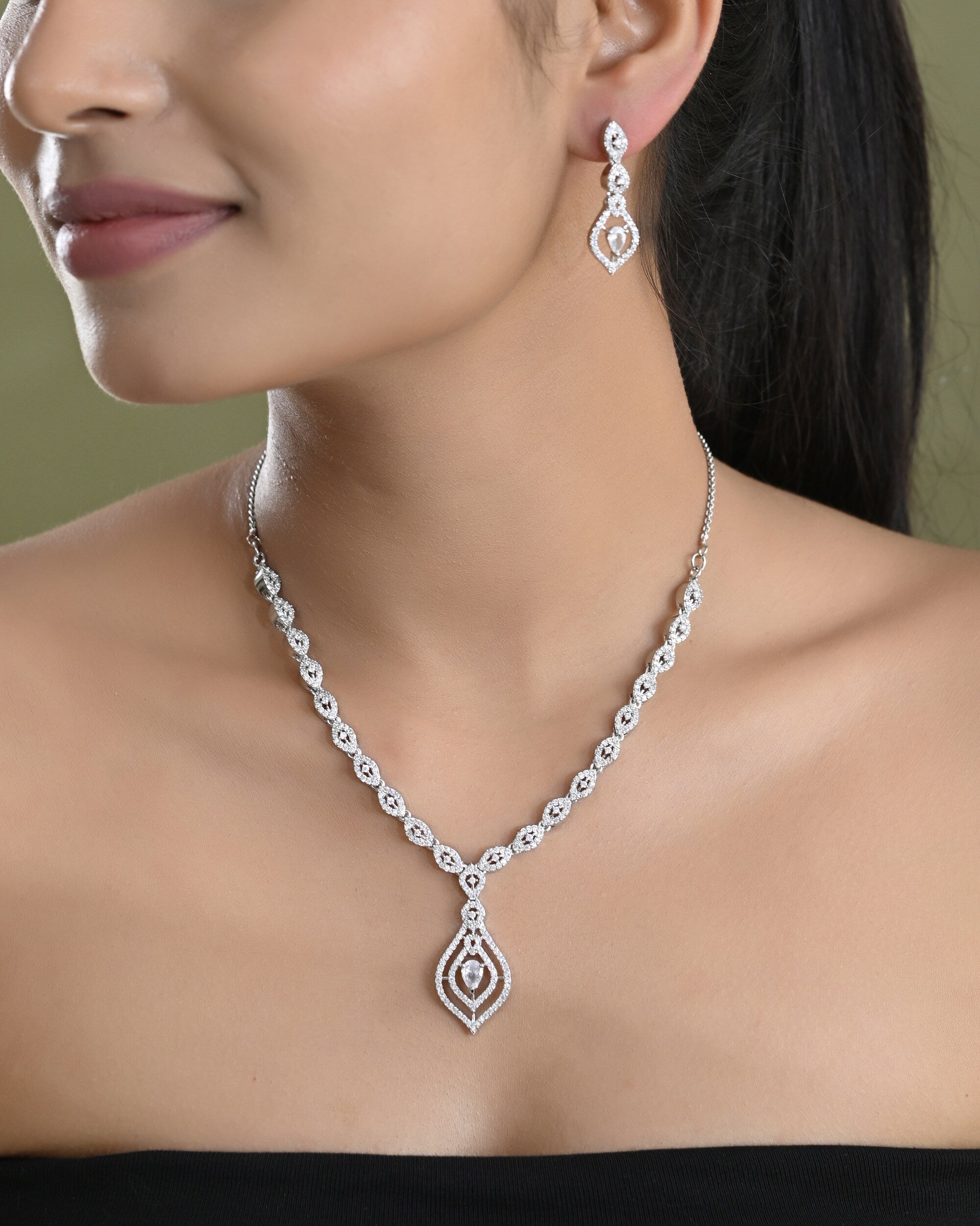 VOJ Silver Plated Tear Drop Shaped AD Necklace With Earrings Set - Distacart