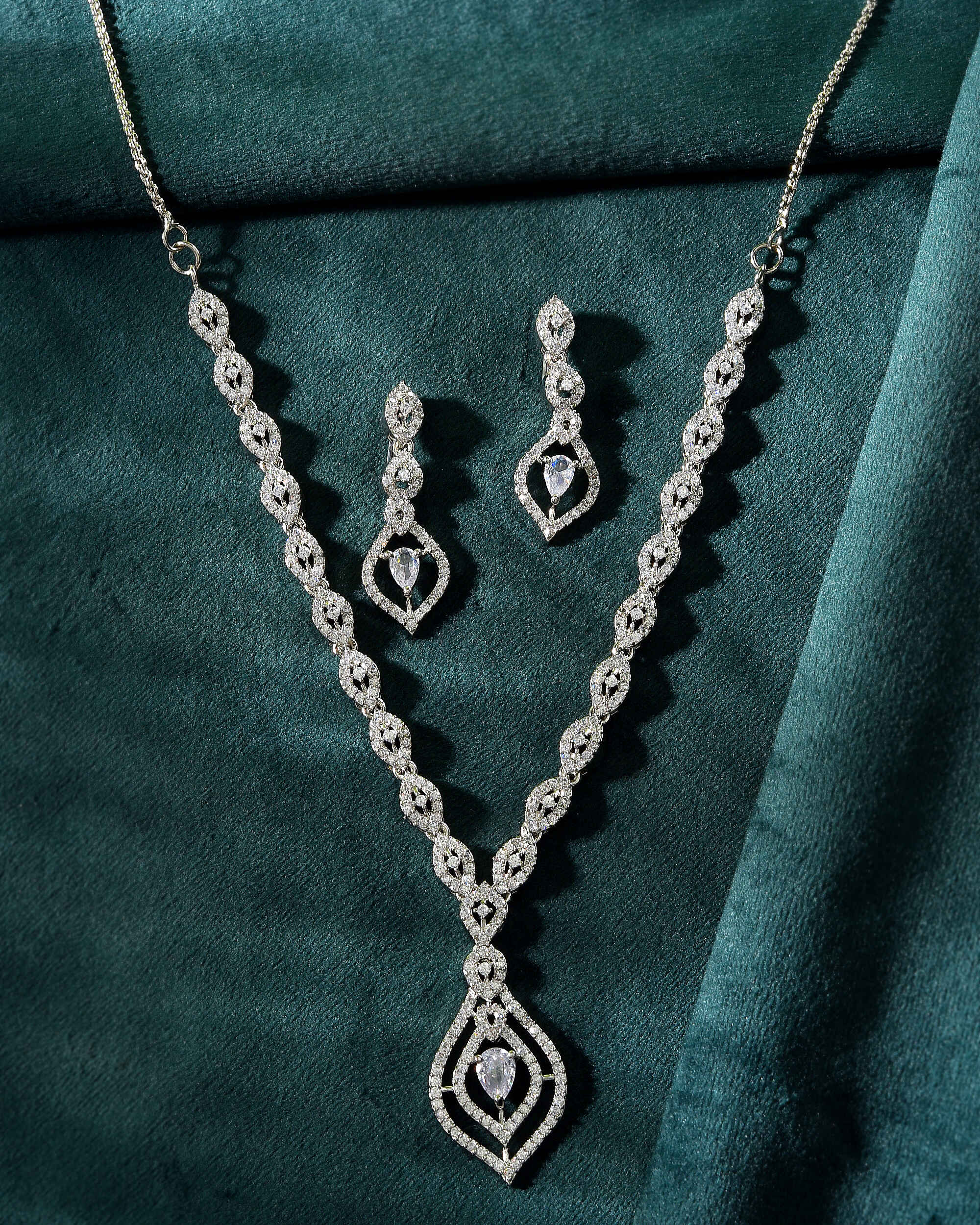 VOJ Silver Plated Tear Drop Shaped AD Necklace With Earrings Set - Distacart