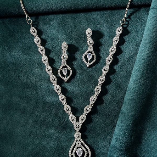 VOJ Silver Plated Tear Drop Shaped AD Necklace With Earrings Set - Distacart