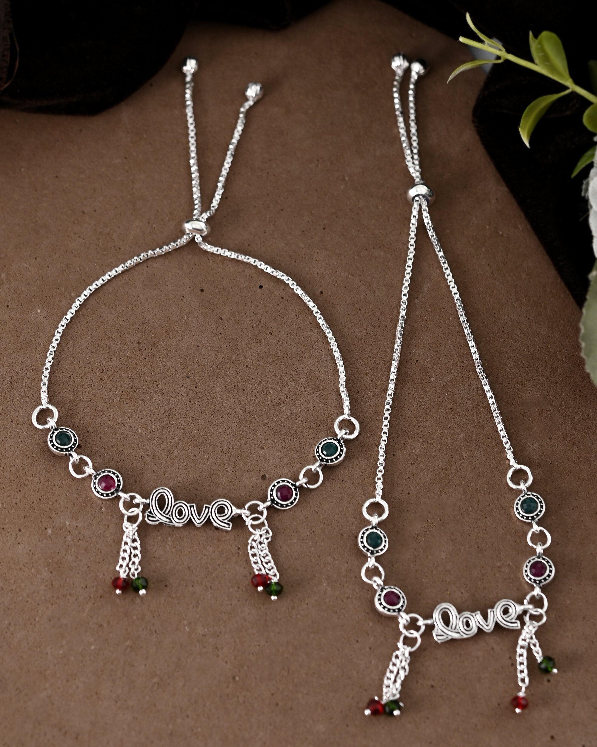 VOJ Set of 2 Silver Plated Love Meenakari Anklet - Distacart