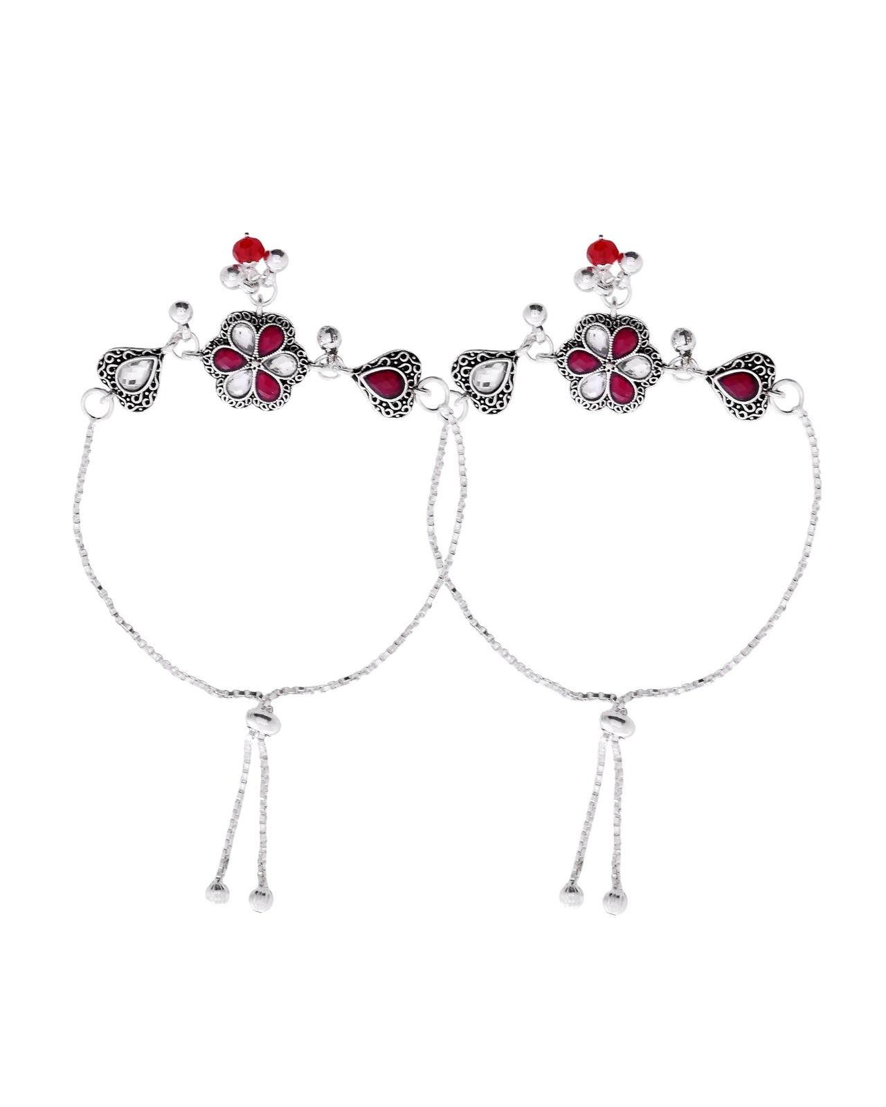 VOJ Set of 2 Silver Plated Floral Meenakari Anklet