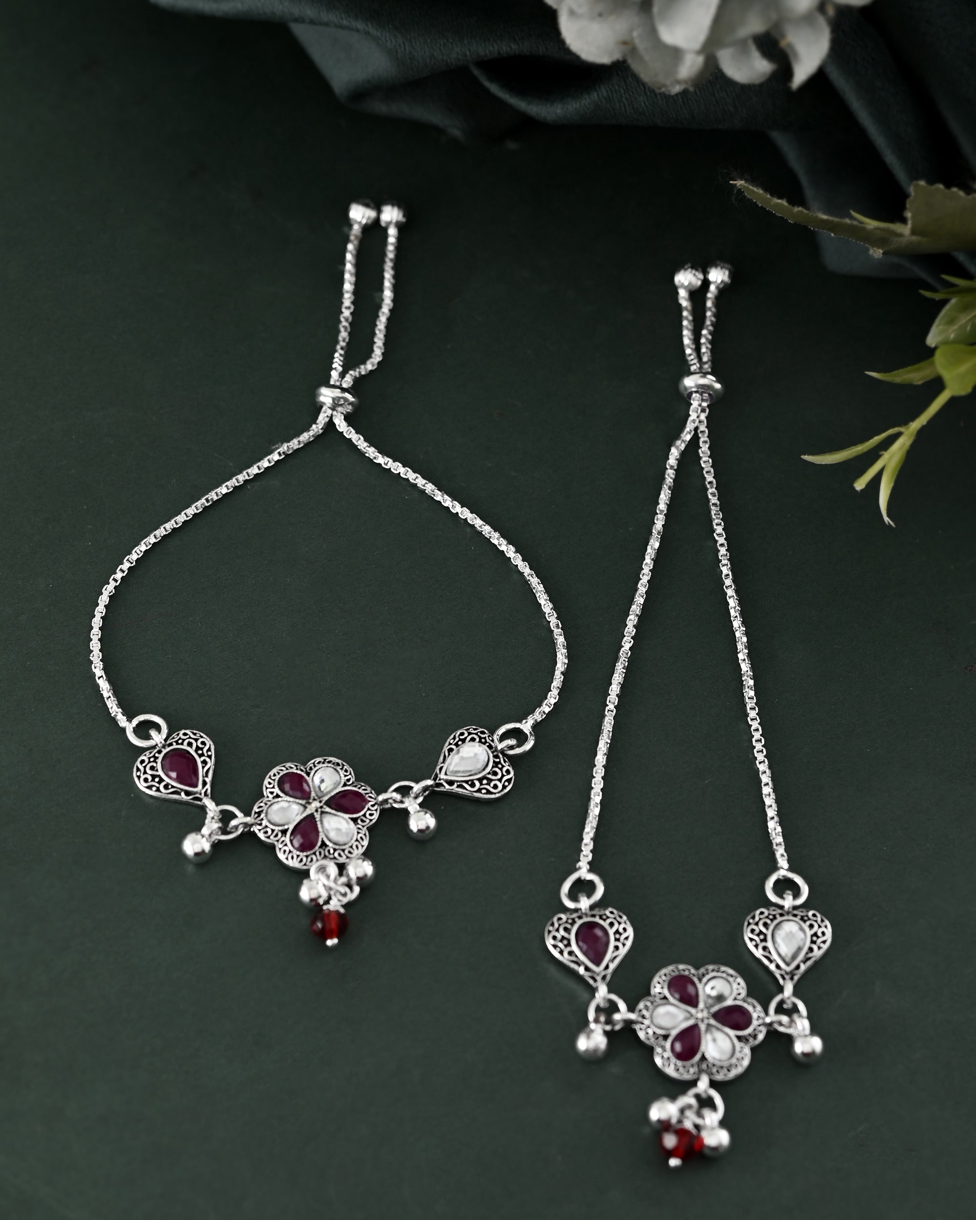 VOJ Set of 2 Silver Plated Floral Meenakari Anklet - Distacart